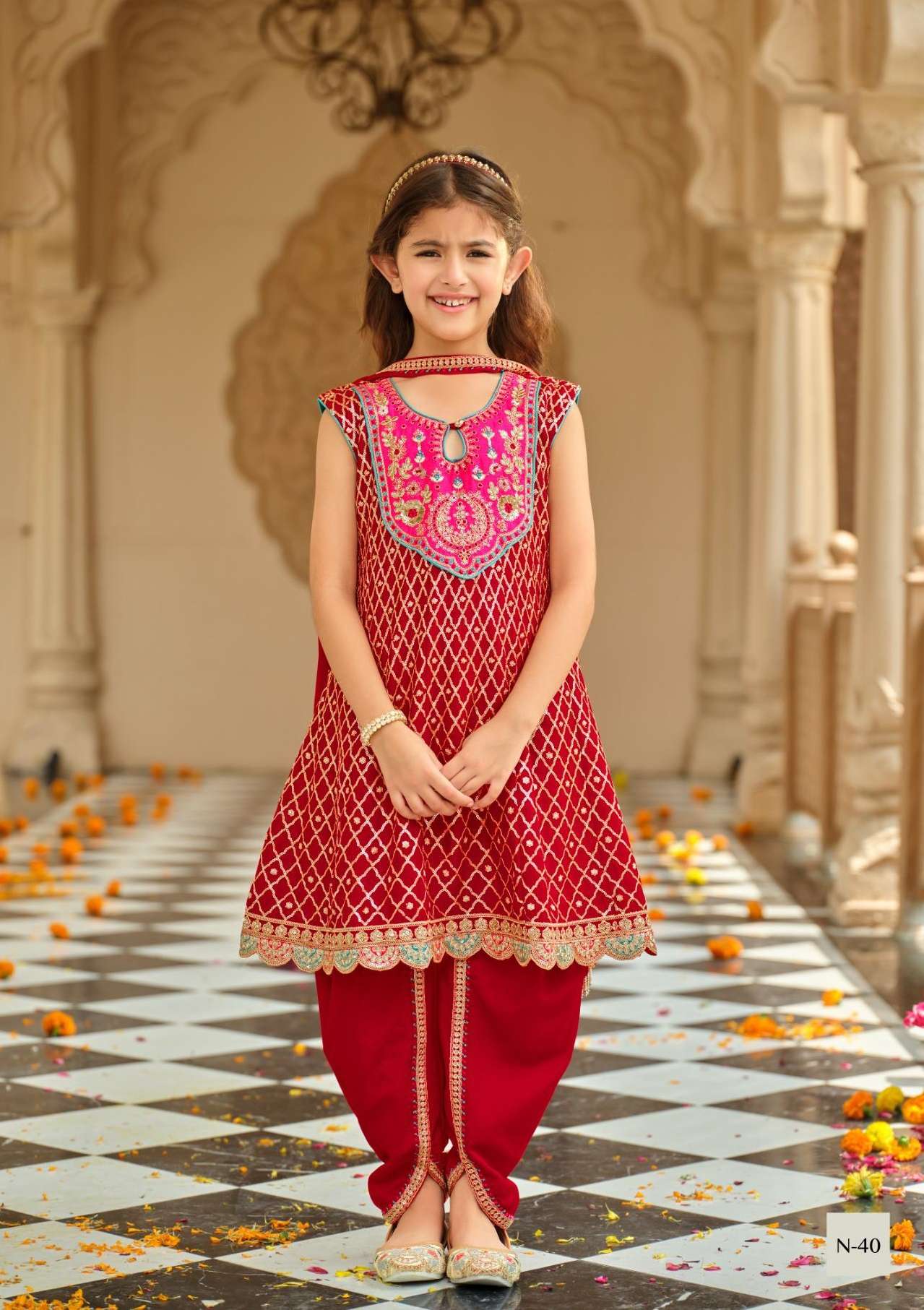 DESIGNER WEDDING PARTY WEAR RED SHARARA SALWAR SUIT COLLECTION FOR BABY GIRLS IN CHINON EB ESHA 40