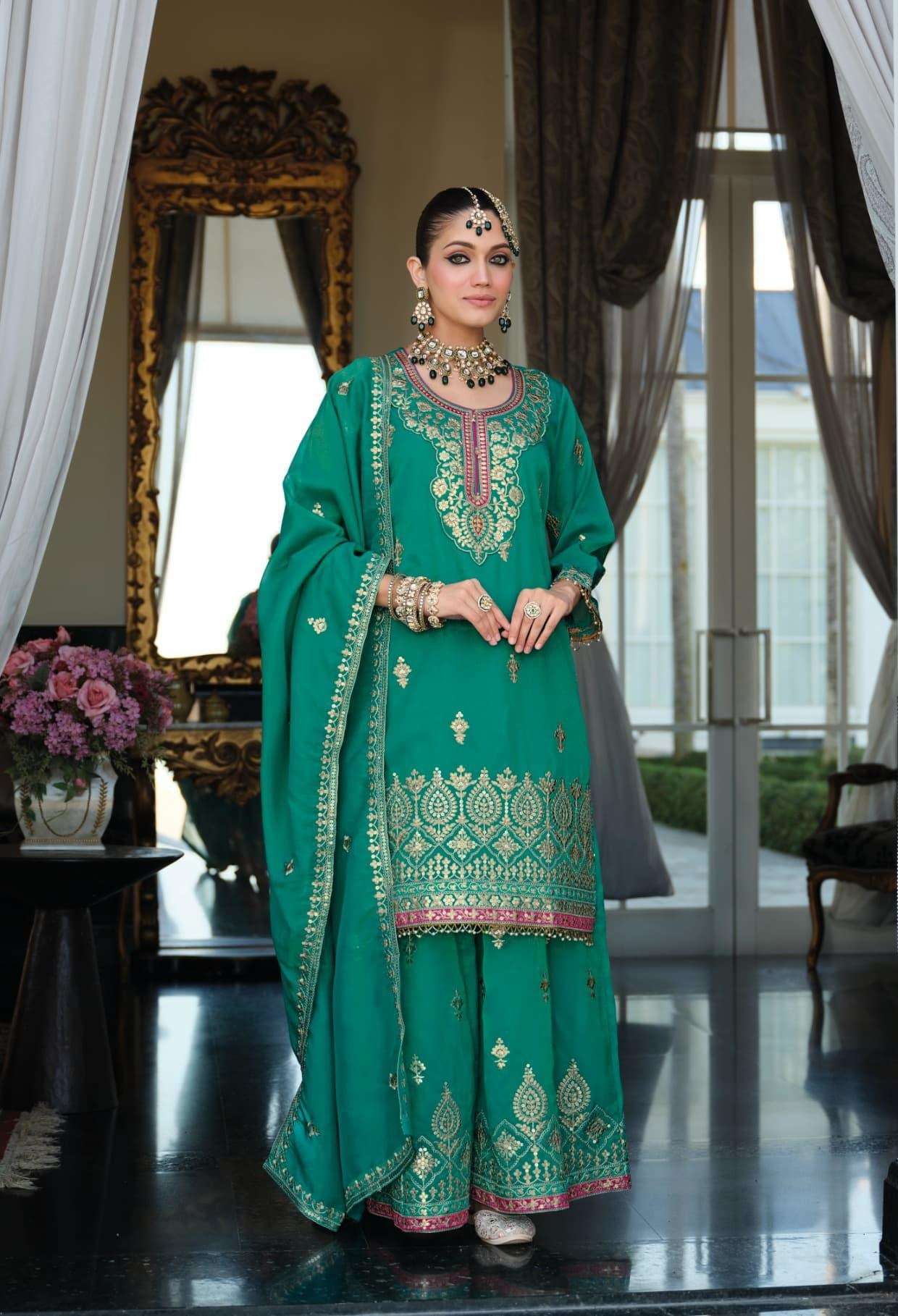 DESIGNER WEDDING PARTY WEAR SIMAR SILK BLUE SHARARA SALWAR SUIT EB MADHUBALA 2324