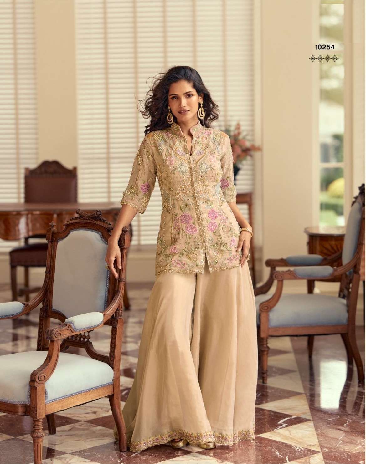 DESIGNER WEDDING PARTY WEAR SIMAR SILK CHIKU SHARARA PALLAZO SALWAR SUIT SY KETKI 10254