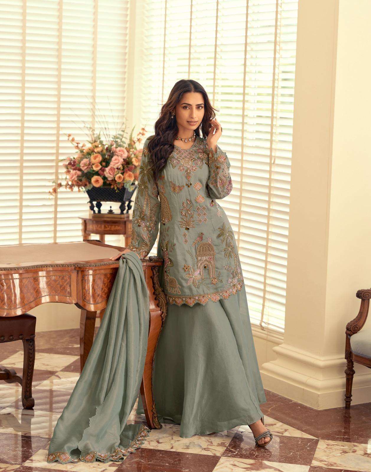 DESIGNER WEDDING PARTY WEAR SIMAR SILK GREY SHARARA PALLAZO SALWAR SUIT SY KETKI 10253