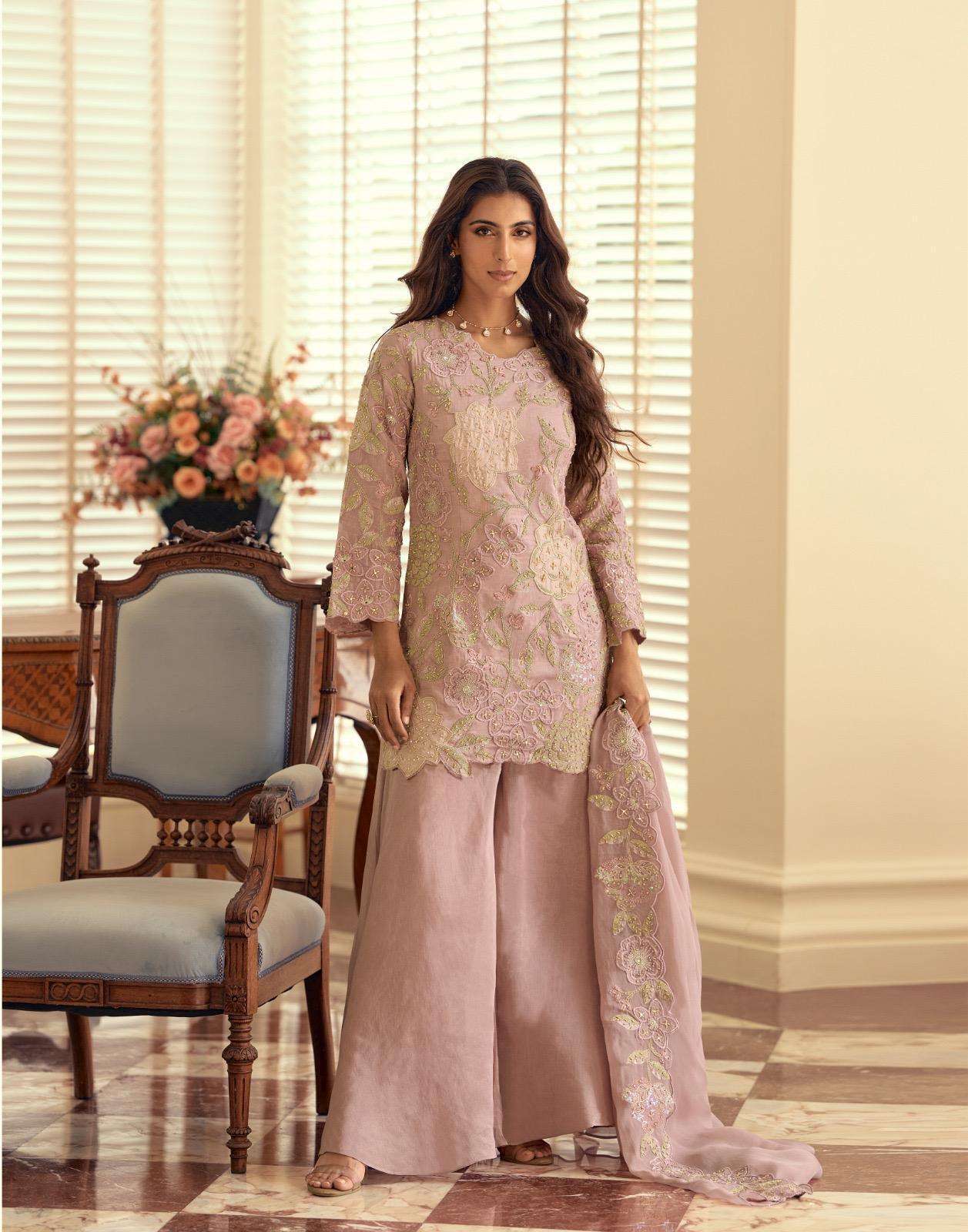 DESIGNER WEDDING PARTY WEAR SIMAR SILK PINK SHARARA PALLAZO SALWAR SUIT SY KETKI 10252