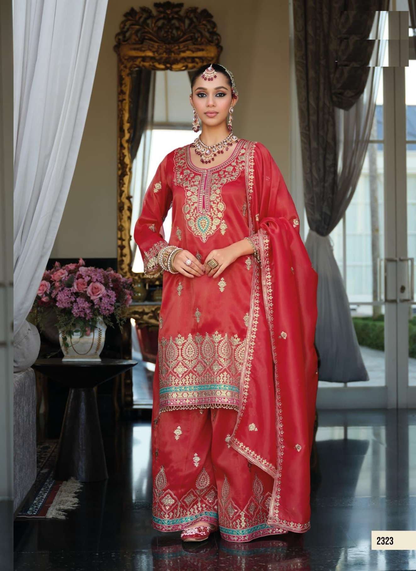 DESIGNER WEDDING PARTY WEAR SIMAR SILK RED SHARARA SALWAR SUIT EB MADHUBALA 2323