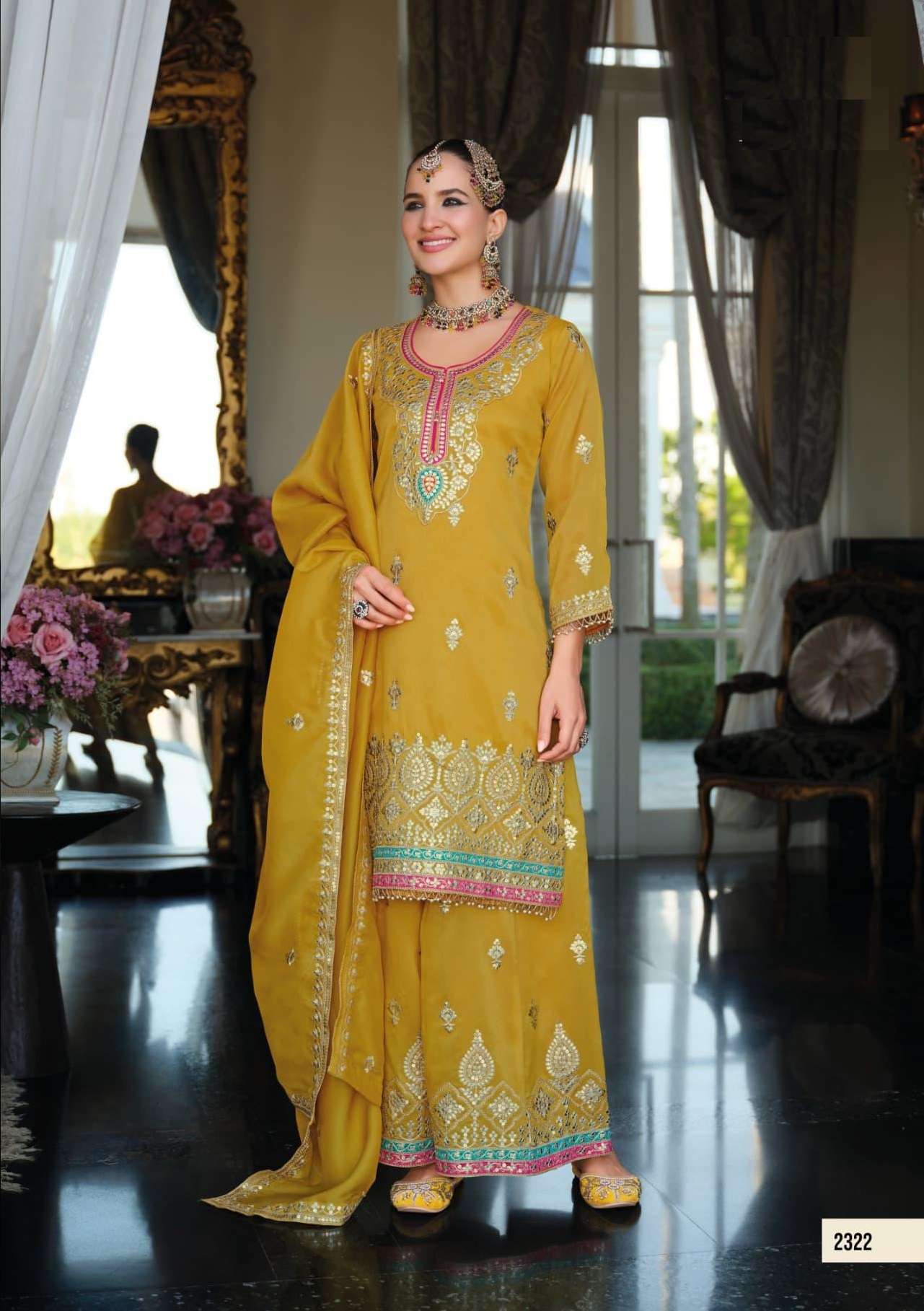 DESIGNER WEDDING PARTY WEAR SIMAR SILK YELLOW SHARARA SALWAR SUIT EB MADHUBALA 2322