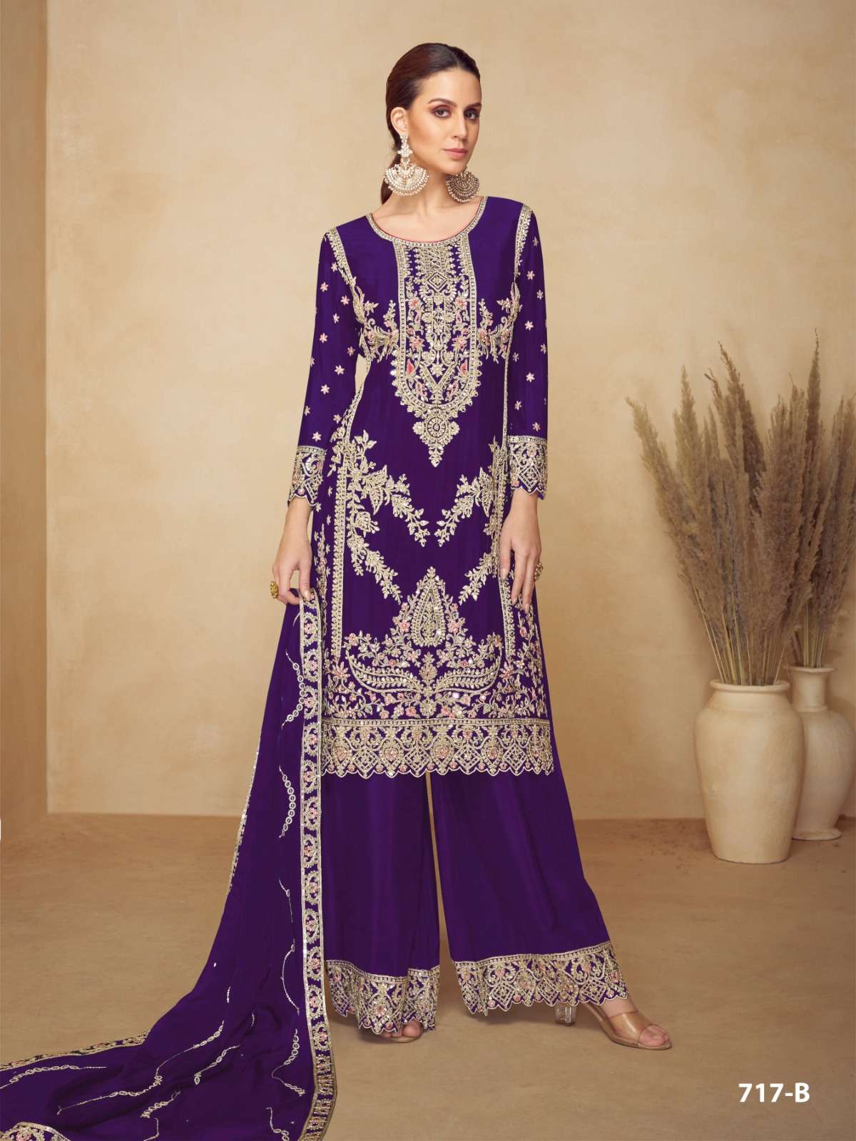 DESIGNER WEDDING PARTY WEAR VISCOSE CHINON PURPLE SHARARA SALWAR SUIT CP 717 B
