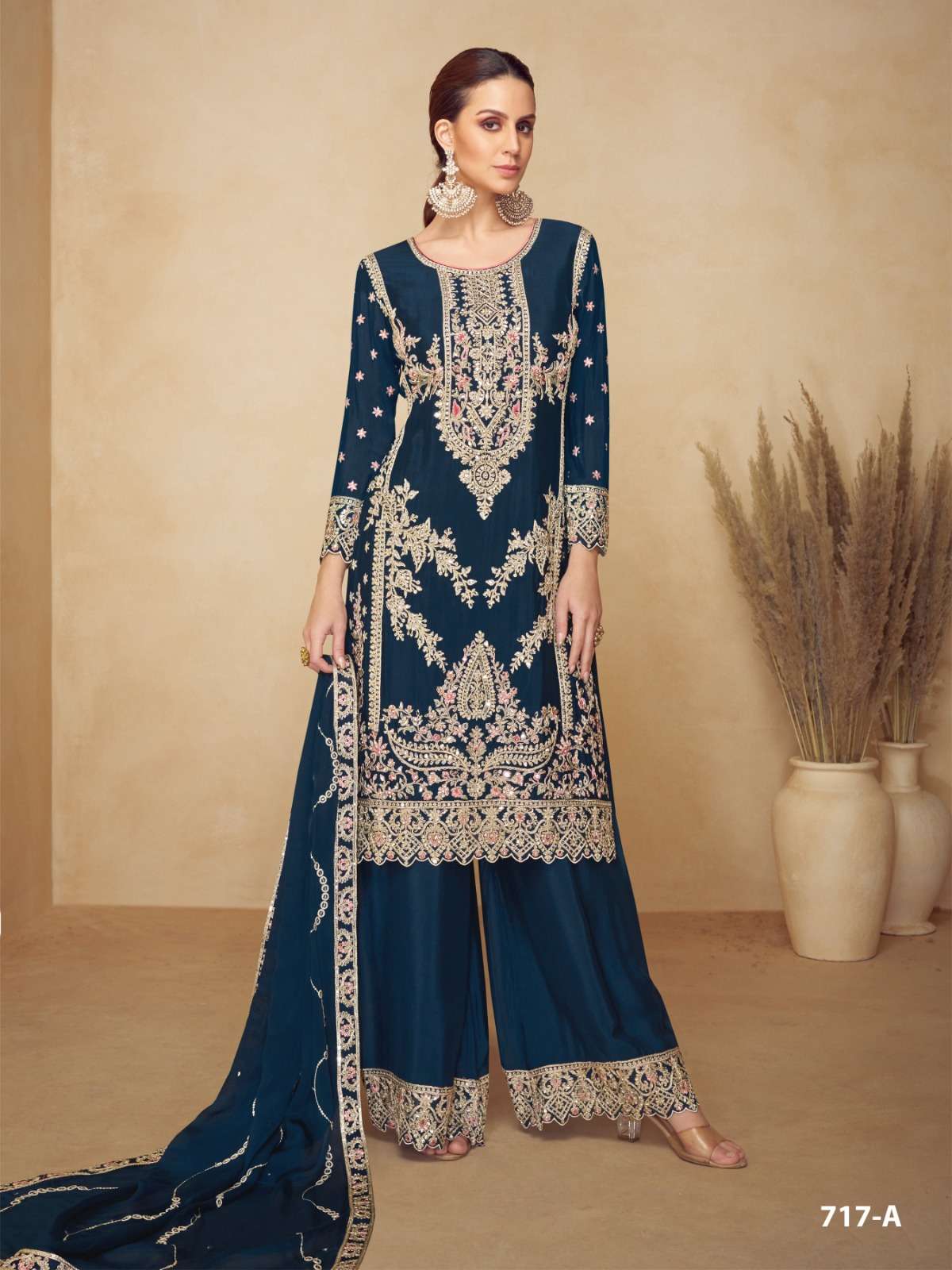 DESIGNER WEDDING PARTY WEAR VISCOSE CHINON TEAL BLUE SHARARA SALWAR SUIT CP 717 A