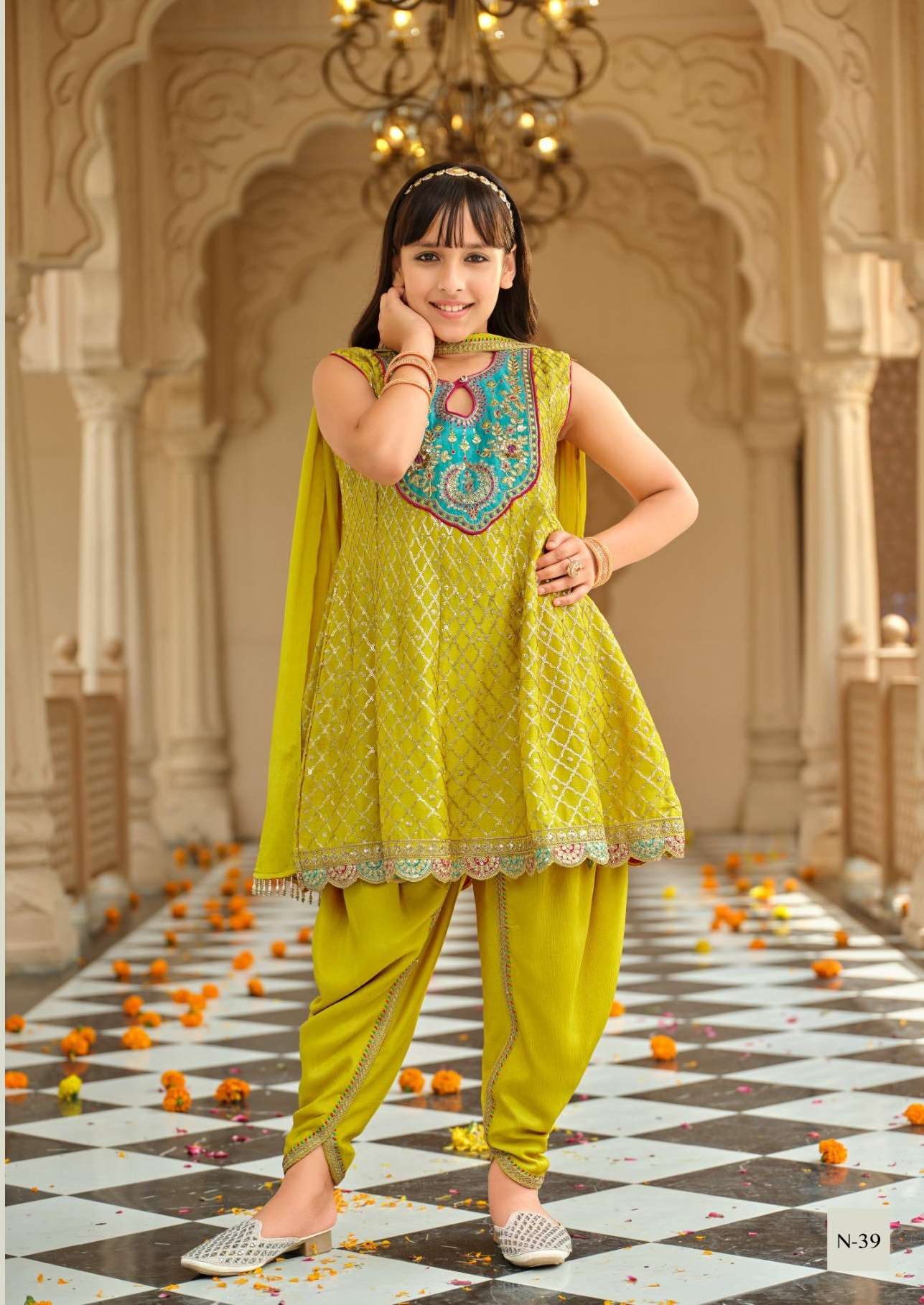 DESIGNER WEDDING PARTY WEAR YELLOW SHARARA SALWAR SUIT COLLECTION FOR BABY GIRLS IN CHINON EB ESHA 39