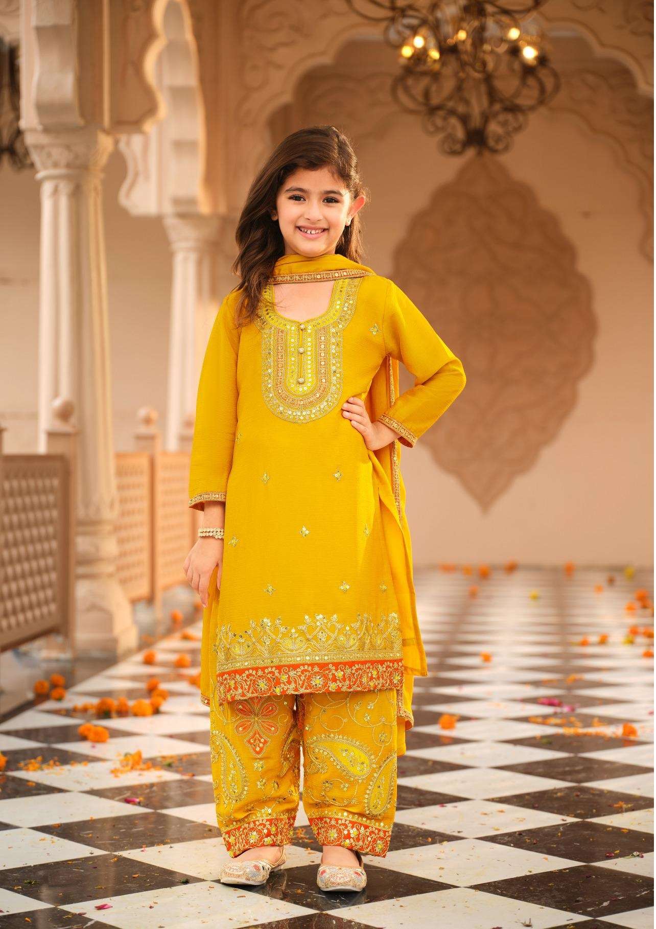 DESIGNER WEDDING PARTY WEAR YELLOW SHARARA SALWAR SUIT COLLECTION FOR BABY GIRLS IN CHINON EB DREMY 3