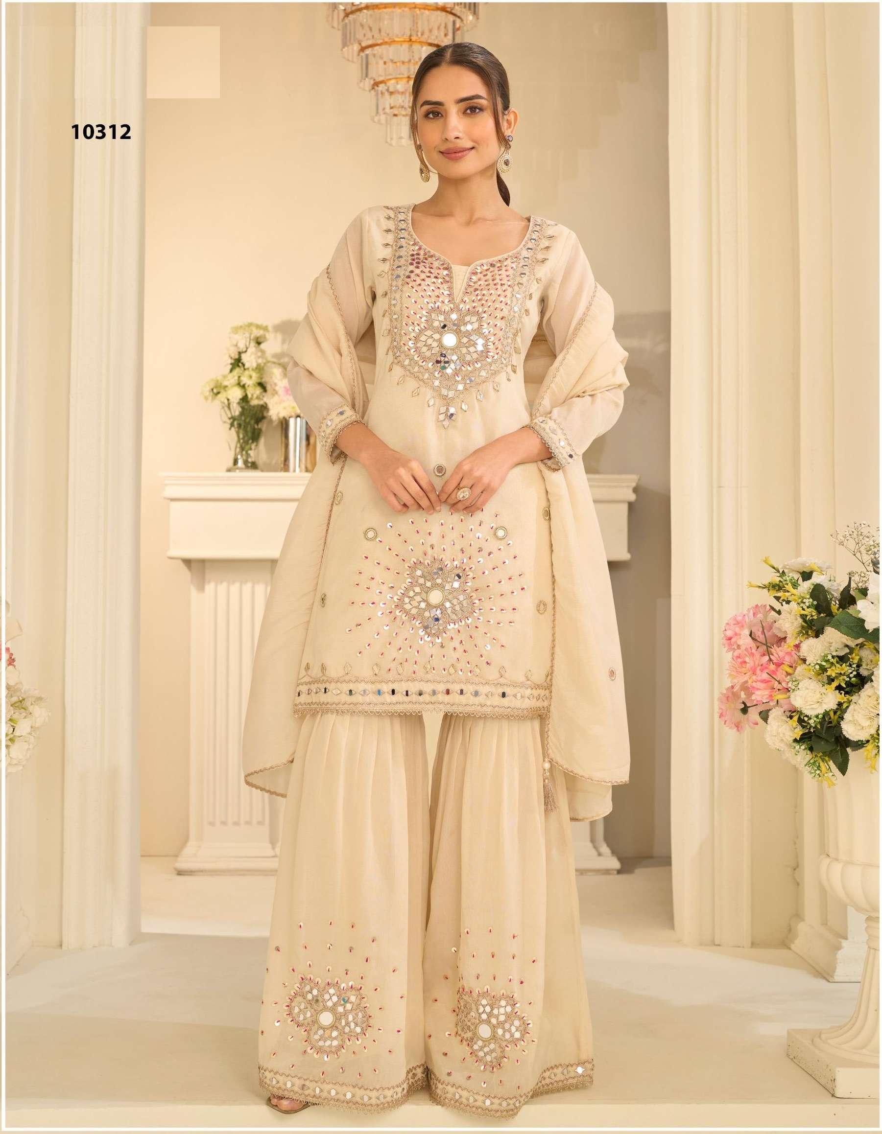 EID SPECIAL REAL MIRROR WORK FANCY SIMAR SILK BEIGE SHARARA SALWAR SUIT PALAZZO SUIT SY 10312 A