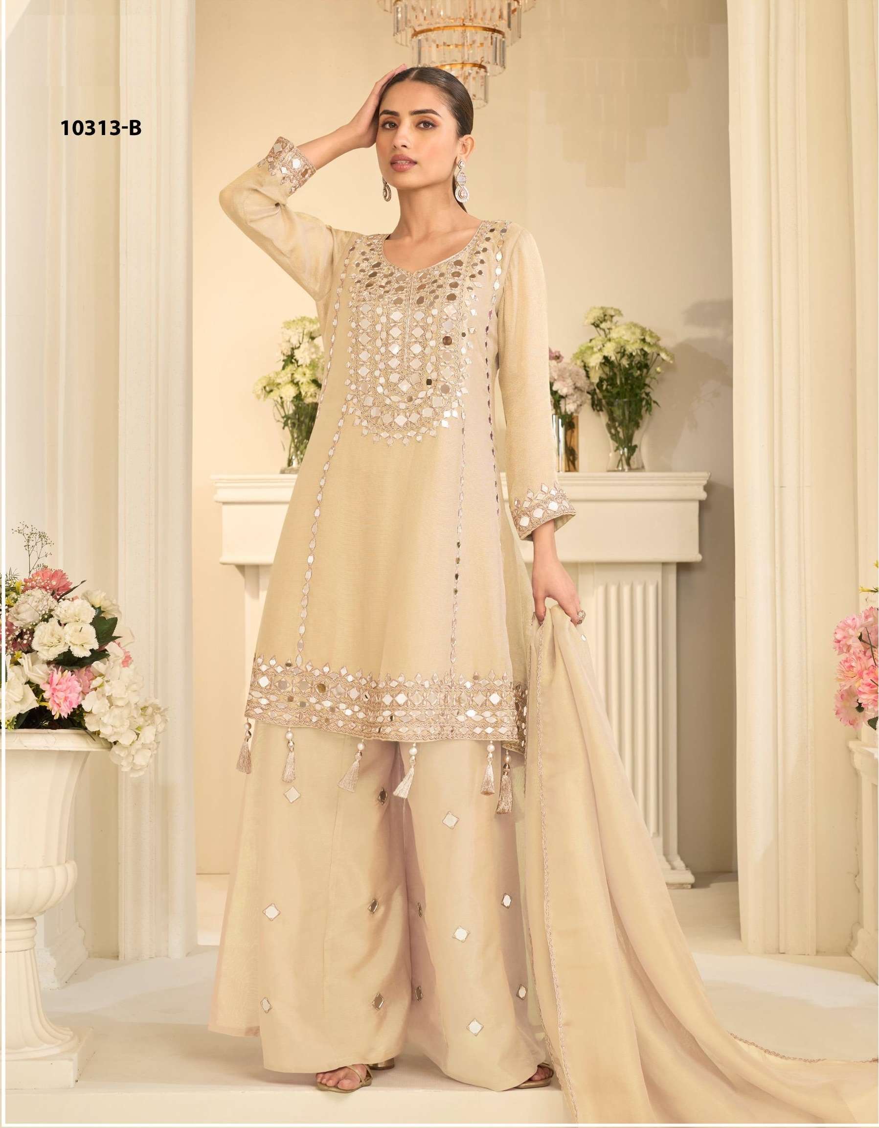 EID SPECIAL REAL MIRROR WORK FANCY SIMAR SILK BEIGE SHARARA SALWAR SUIT PALAZZO SUIT SY 10313