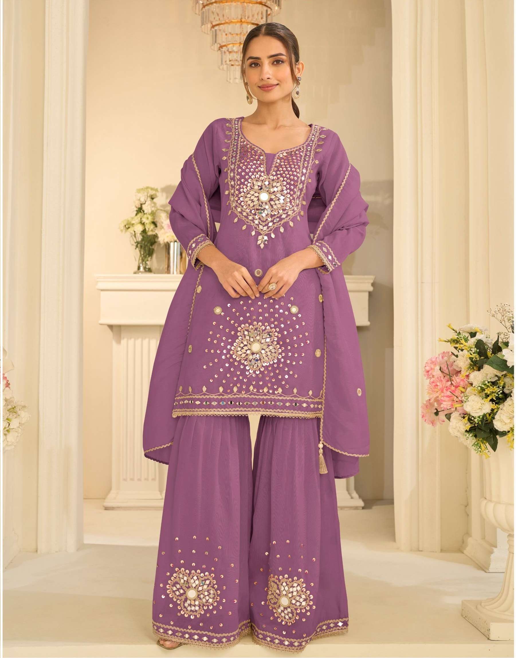 EID SPECIAL REAL MIRROR WORK FANCY SIMAR SILK DEEP PINK SHARARA SALWAR SUIT PALAZZO SUIT SY 10312 B