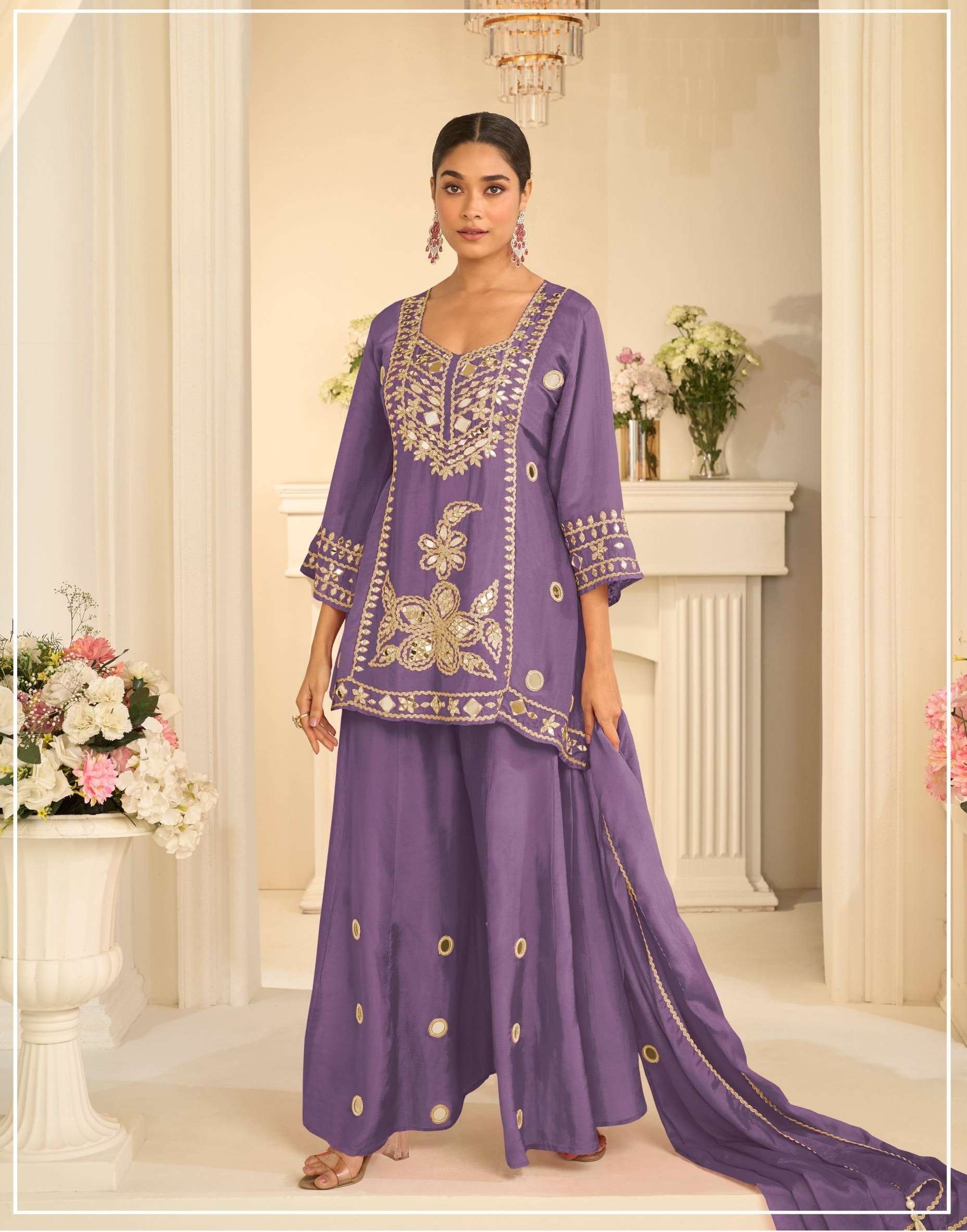EID SPECIAL REAL MIRROR WORK FANCY SIMAR SILK PURPLE SHARARA SALWAR SUIT PALAZZO SUIT SY 10311 B