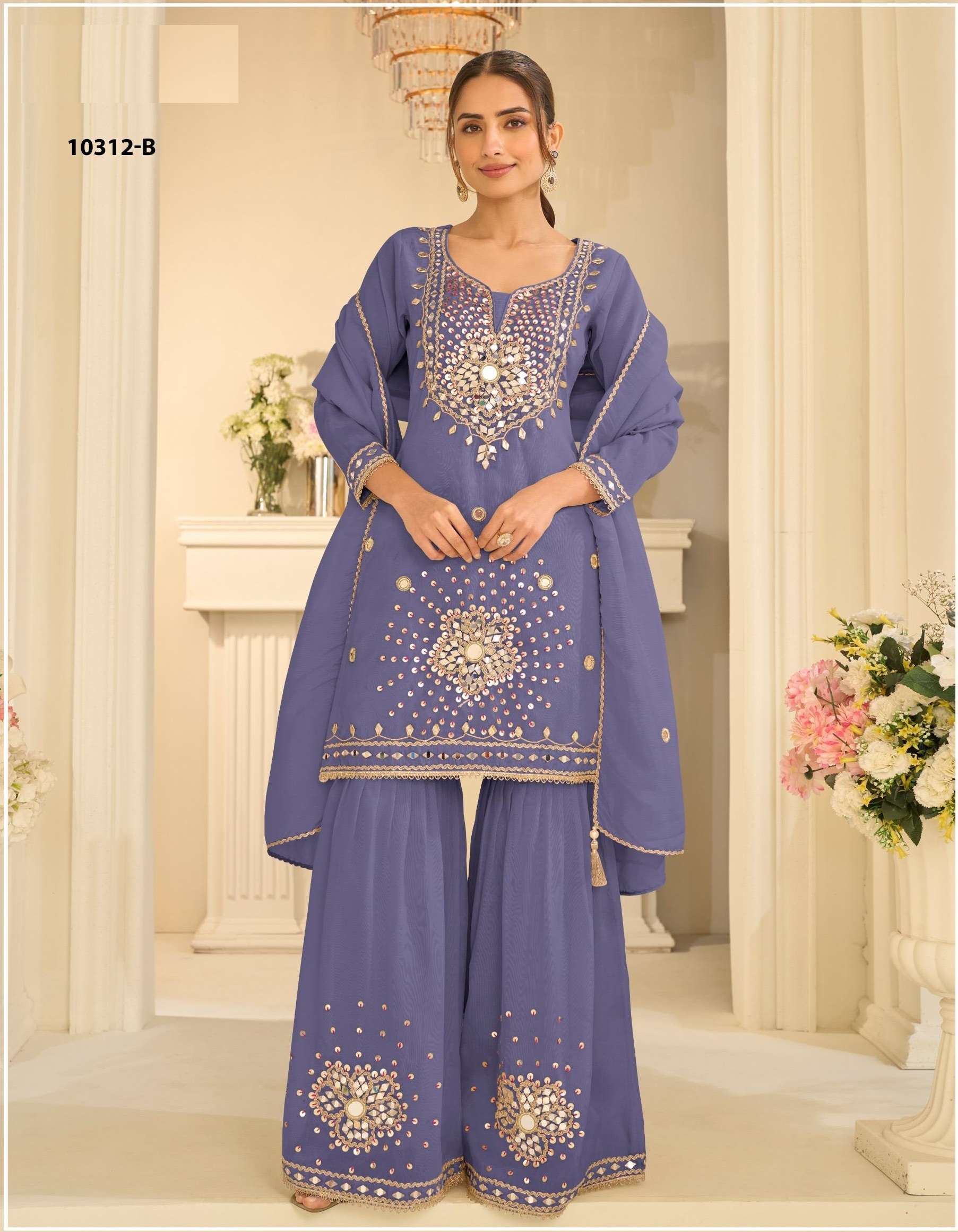 EID SPECIAL REAL MIRROR WORK FANCY SIMAR SILK PURPLE SHARARA SALWAR SUIT PALAZZO SUIT SY 10312 C