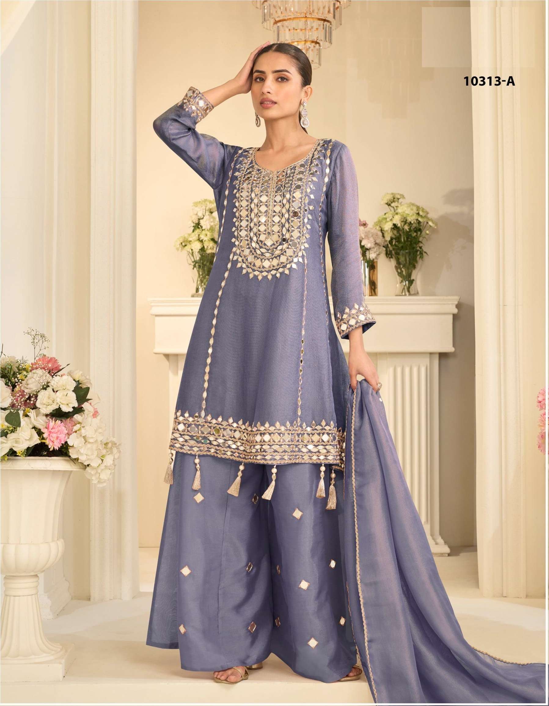 EID SPECIAL REAL MIRROR WORK FANCY SIMAR SILK PURPLE SHARARA SALWAR SUIT PALAZZO SUIT SY 10313 B