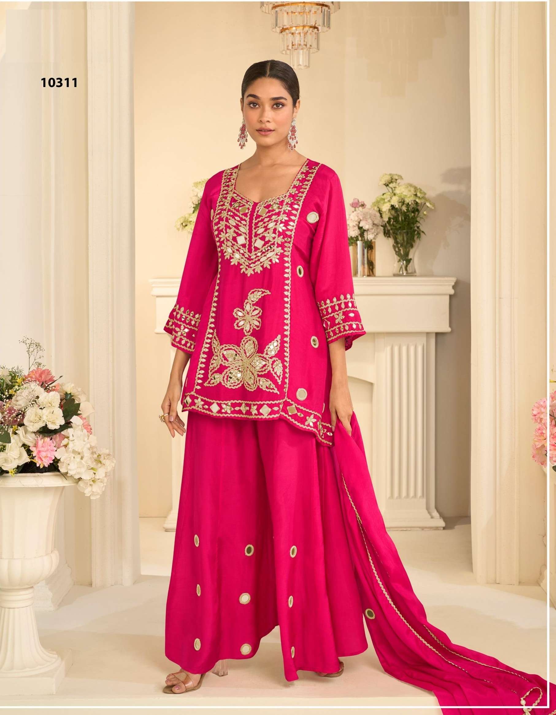 EID SPECIAL REAL MIRROR WORK FANCY SIMAR SILK RED SHARARA SALWAR SUIT PALAZZO SUIT SY 10311 A