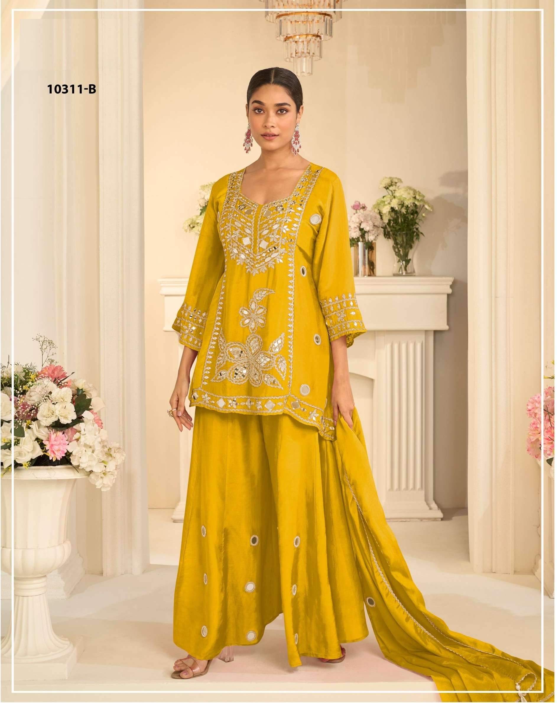 EID SPECIAL REAL MIRROR WORK FANCY SIMAR SILK YELLOW SHARARA SALWAR SUIT PALAZZO SUIT SY 10311 C