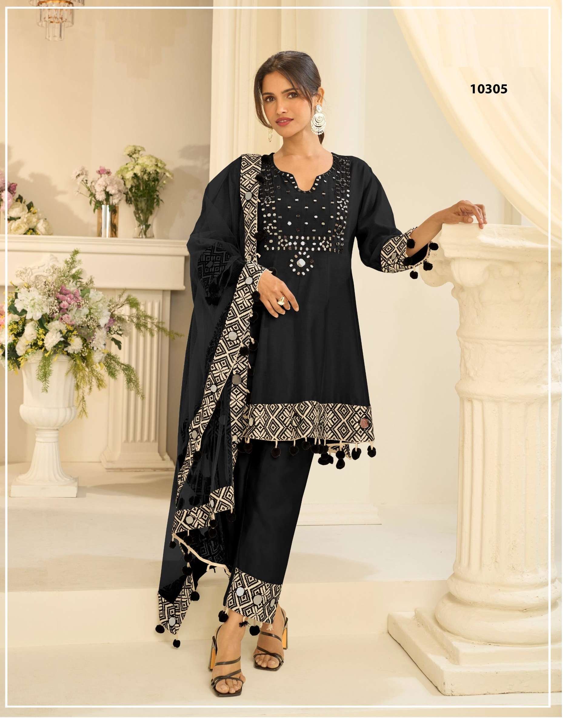 EID SPECIAL REAL MIRROR WORK SIMAR SILK BLACK SHARARA SALWAR SUIT PALAZZO SUIT SY 10305
