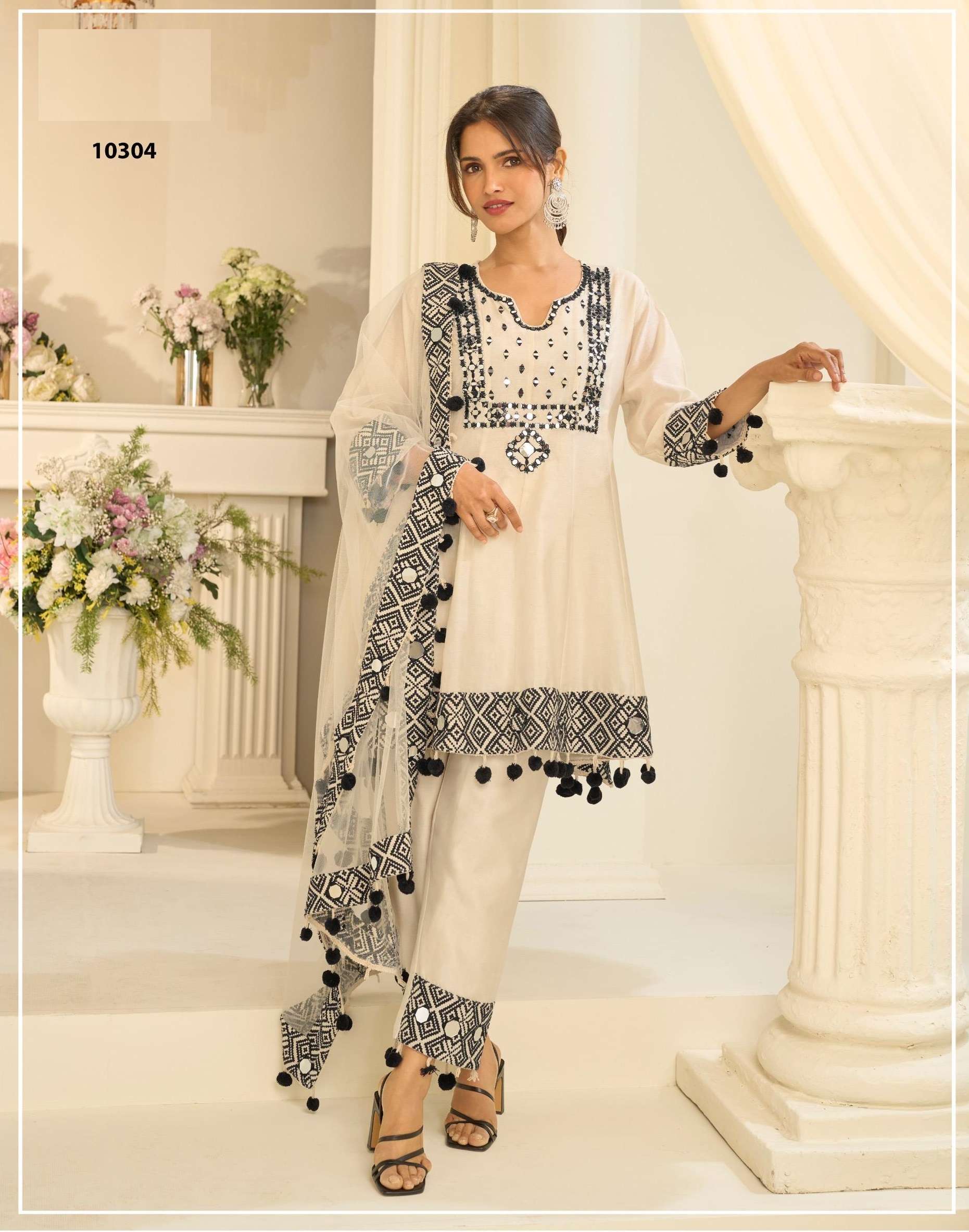 EID SPECIAL REAL MIRROR WORK SIMAR SILK WHITE SHARARA SALWAR SUIT PALAZZO SUIT SY 10304