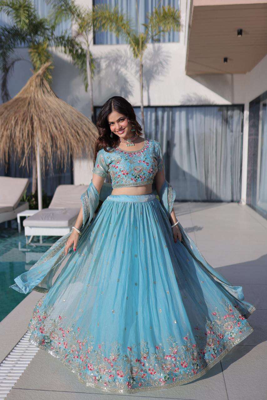 INDIAN DESIGNER BOLLYWOOD WEDDING PARTY WEAR FENDY SILK SKY BLUE LEHENGA CHOLI LW 7161 A