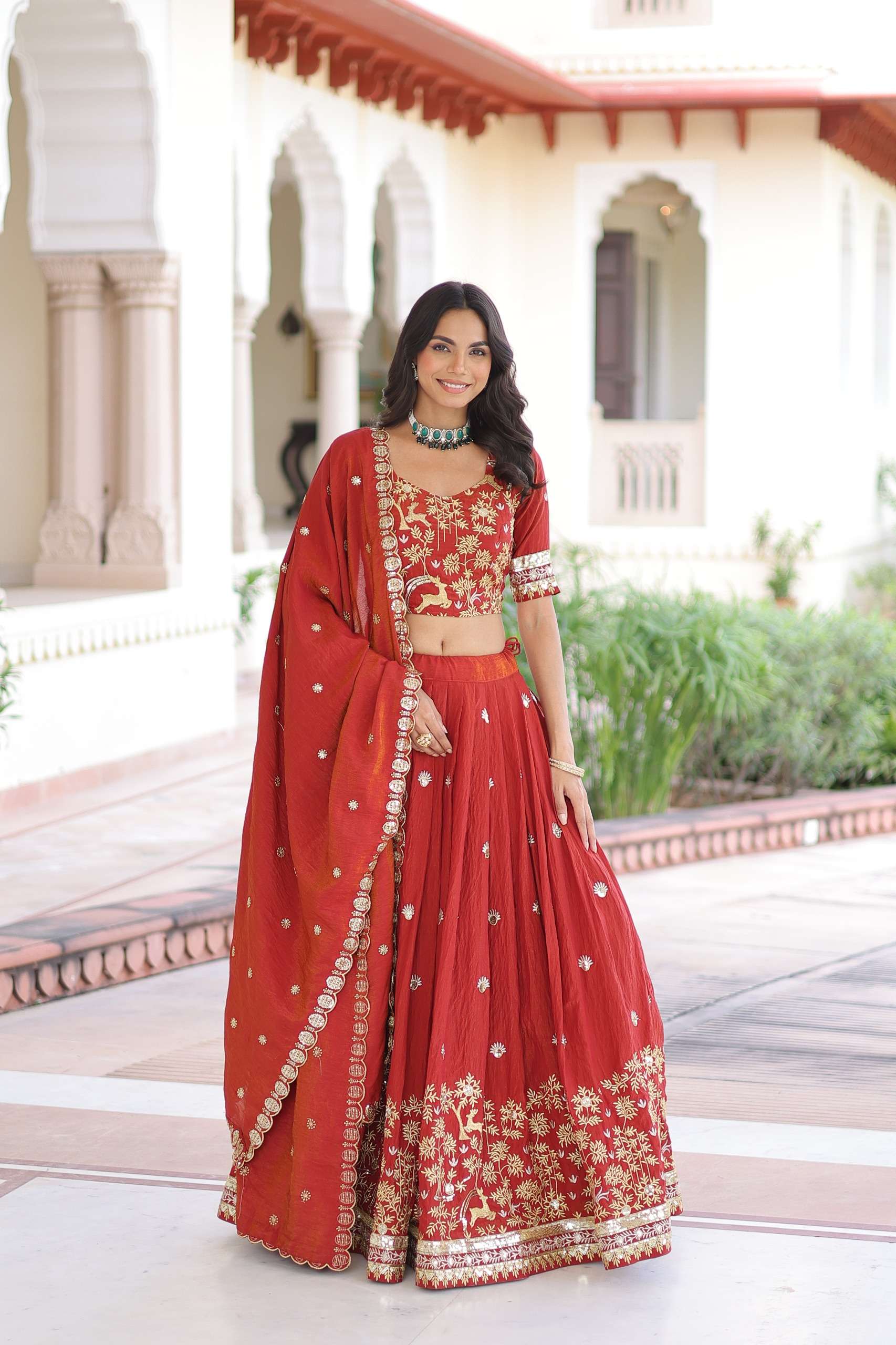 INDIAN DESIGNER BOLLYWOOD WEDDING PARTY WEAR VICHITRA SILK RED LEHENGA CHOLI KU 5062 A
