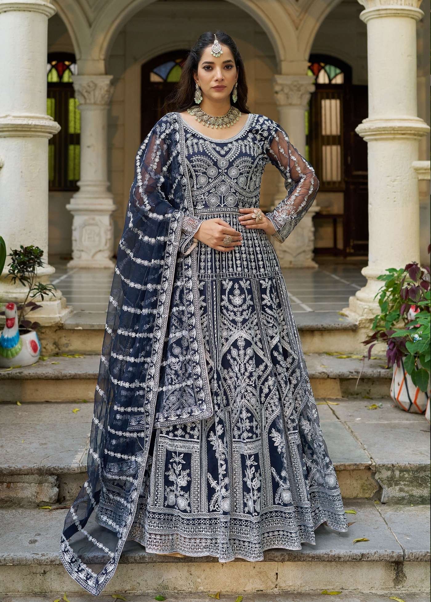 PARTY WEAR READYMADE BLUE ANARKALI SALWAR SUIT LONG GOWN IN BUTTERFLY NET SENHORA MEHFIL 3105 B