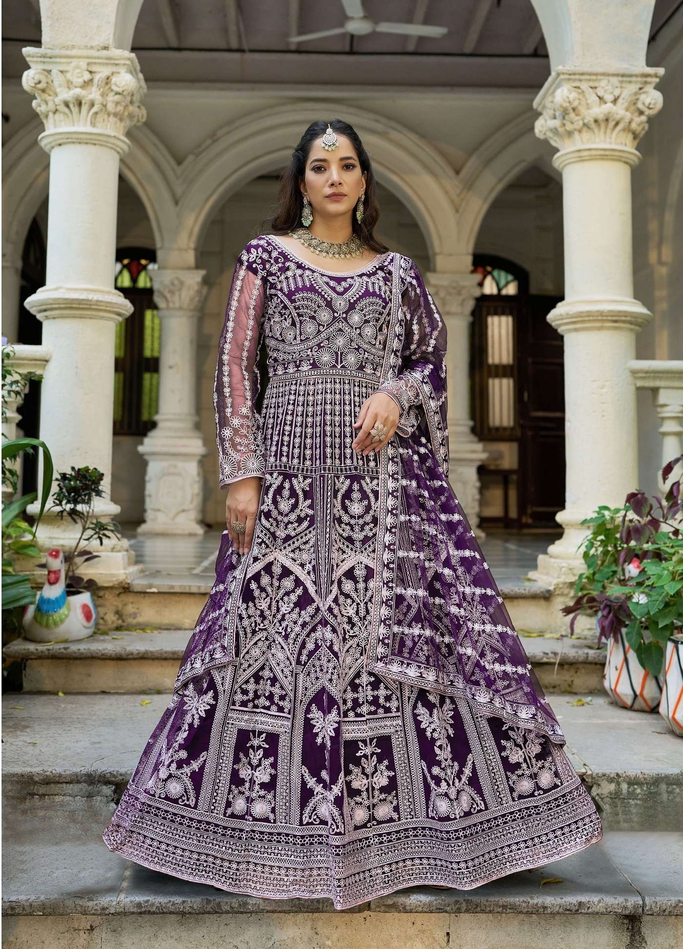 PARTY WEAR READYMADE PURPLE ANARKALI SALWAR SUIT LONG GOWN IN BUTTERFLY NET SENHORA MEHFIL 3105 D