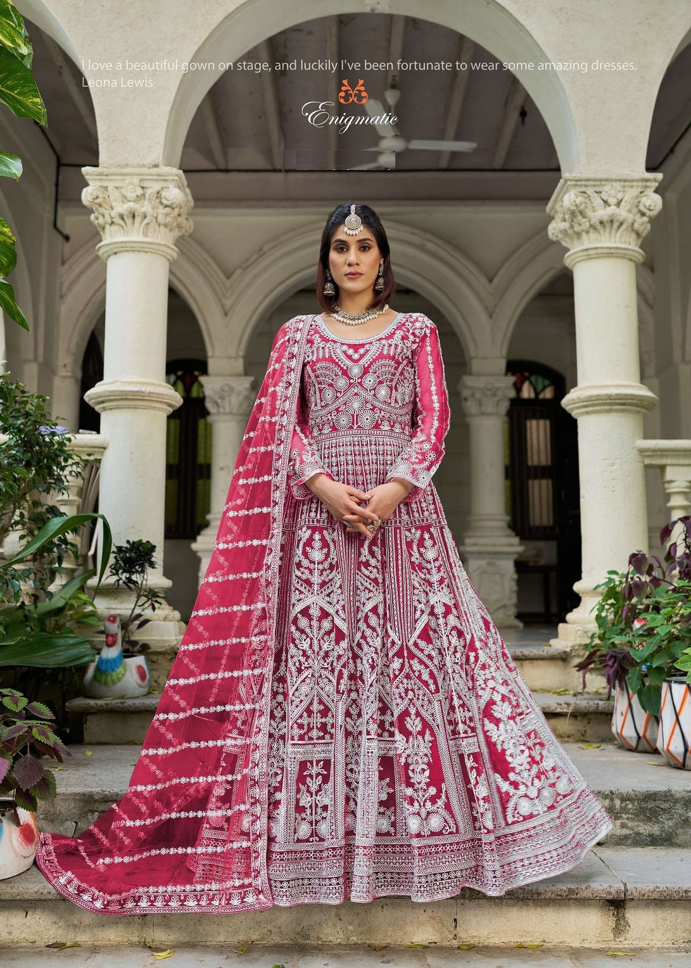 PARTY WEAR READYMADE RANI PINK ANARKALI SALWAR SUIT LONG GOWN IN BUTTERFLY NET SENHORA MEHFIL 3105 C