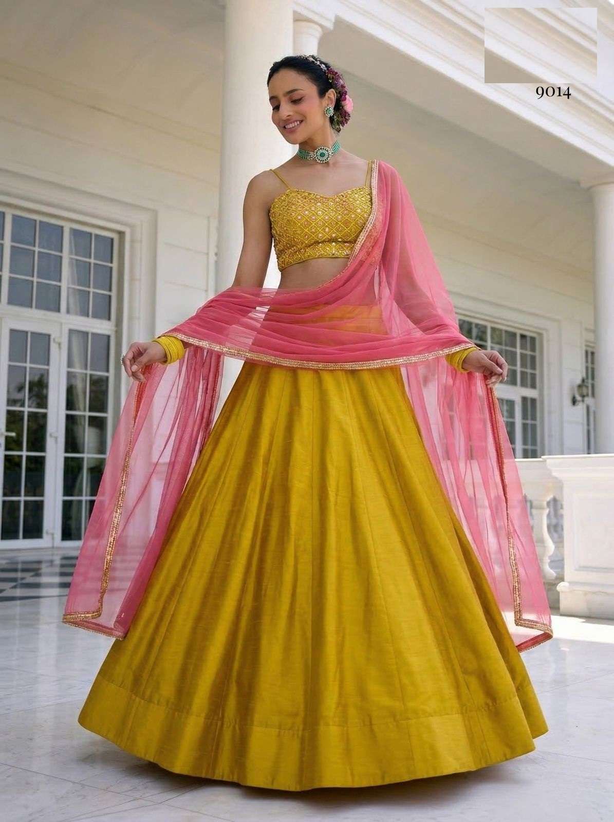 DESIGNER BOLLYWOOD BRIDAL WEDDING PARTY WEAR PREMIUM SILK YELLOW LEHENGA CHOLI SENHORA DRESSES 9014