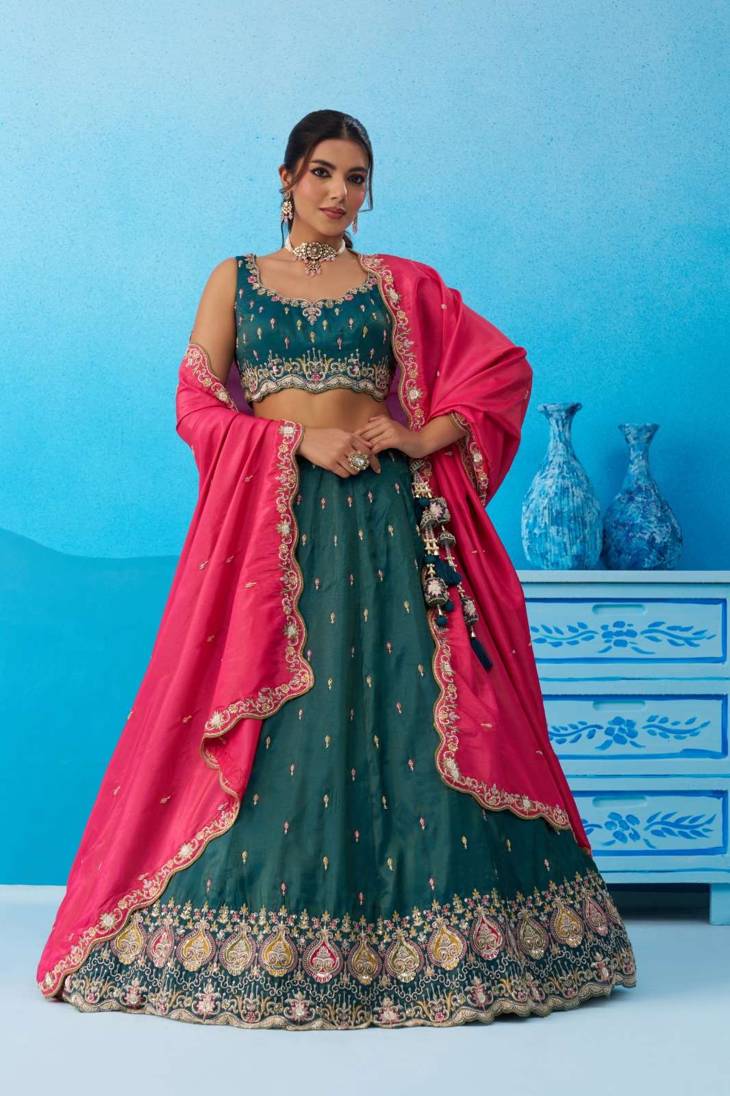 DESIGNER BOLLYWOOD BRIDAL WEDDING PARTY WEAR SILK RAMA GREEN PINK BEADS LEHENGA CHOLI SENHORA DRESSES NT 6313 C