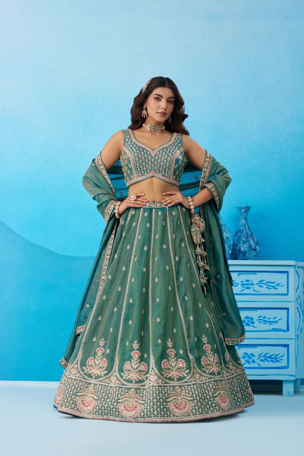 DESIGNER BOLLYWOOD BRIDAL WEDDING PARTY WEAR TISSUE SILK TEAL GREEN BEADS LEHENGA CHOLI SENHORA DRESSES NT 6308 A