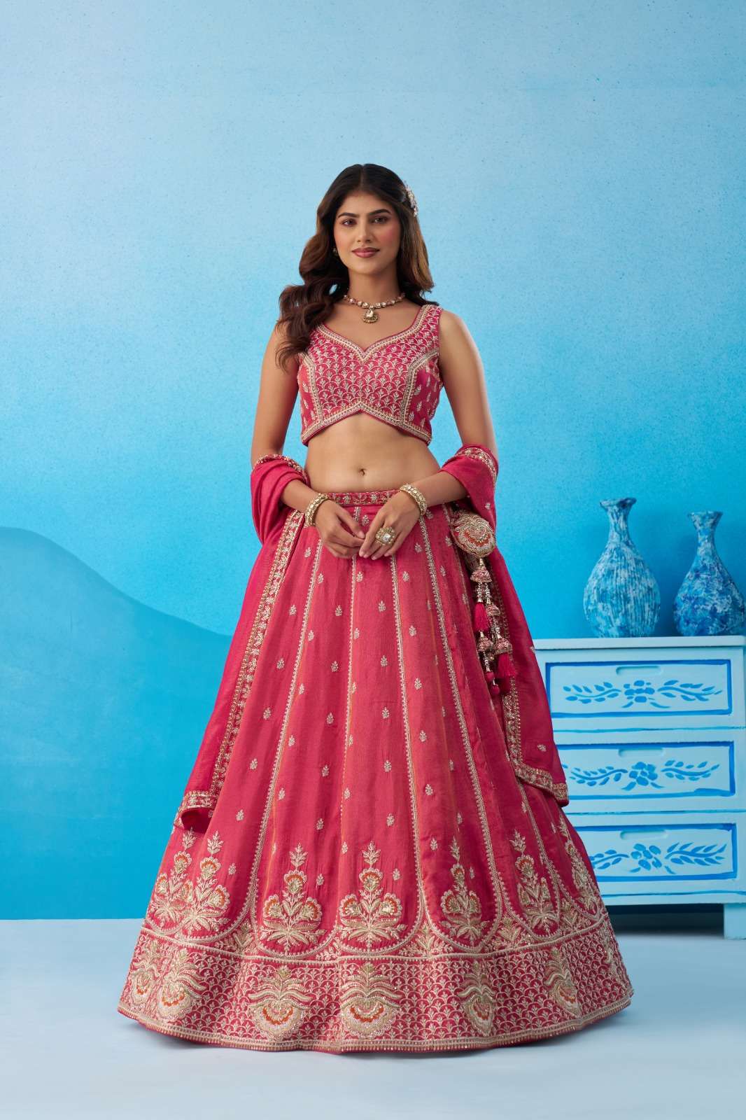 DESIGNER BOLLYWOOD BRIDAL WEDDING PARTY WEAR TISSUE SILK PEACH PINK BEADS LEHENGA CHOLI SENHORA DRESSES NT 6308 B