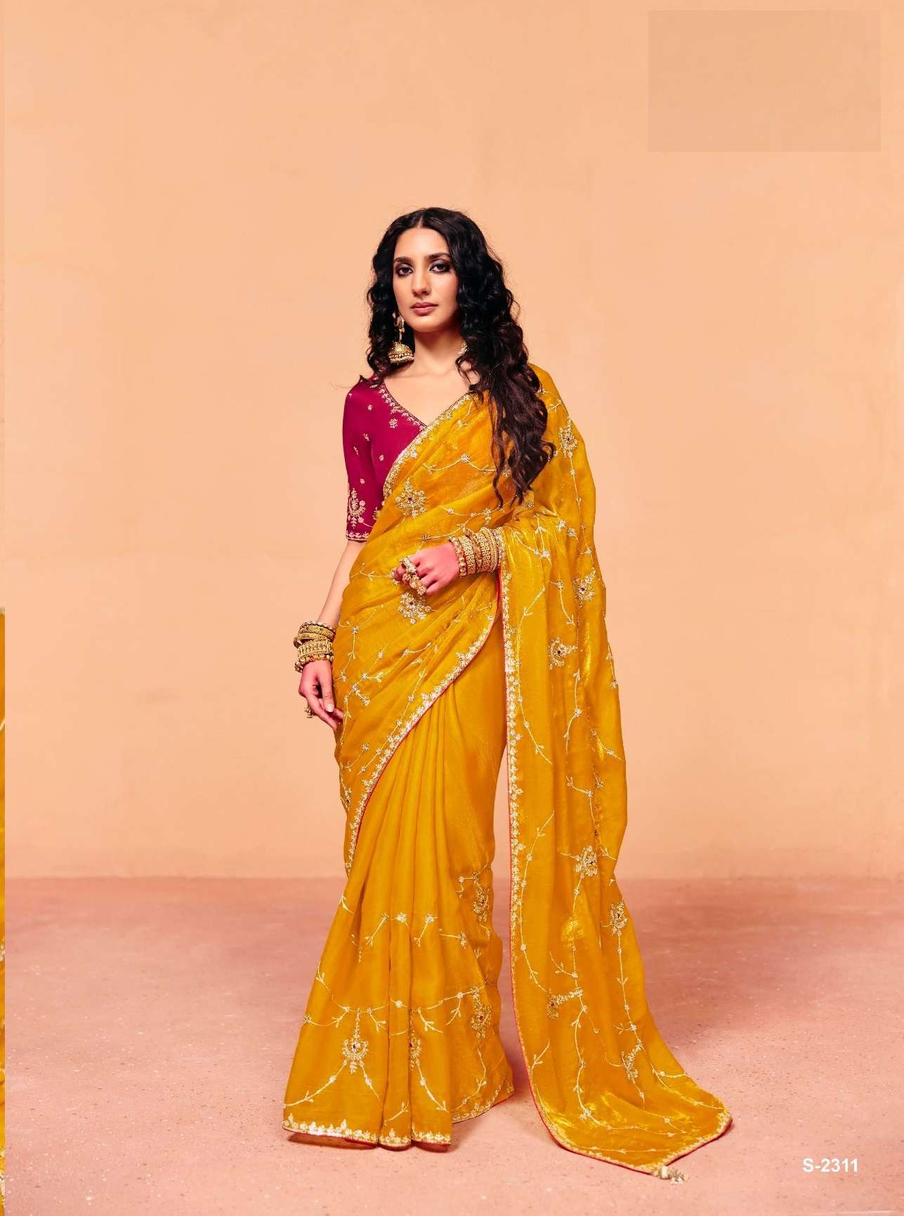DESIGNER FANCY WEDDING PARTY WEAR INDIAN ORGANZA SATIN SILK YELLOW SAREE COLLECTION SM KM 2311