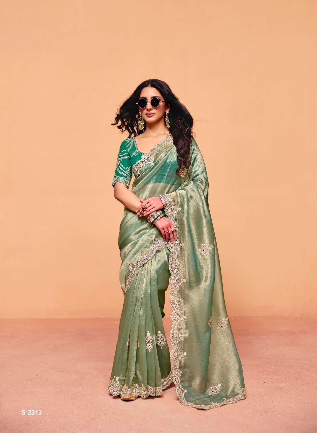 DESIGNER FANCY WEDDING PARTY WEAR INDIAN ORGANZA SATIN SILK PISTA SAREE COLLECTION SM KM 2313