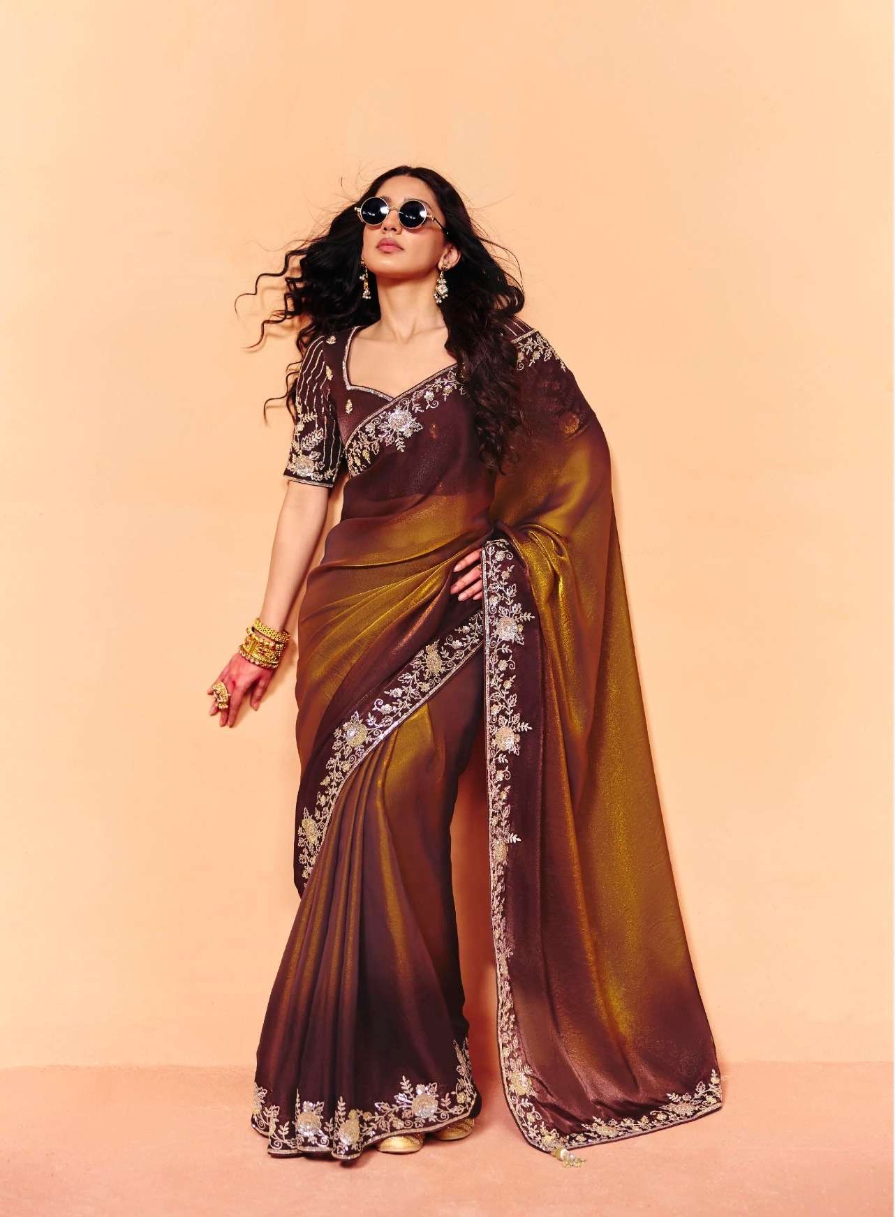 DESIGNER FANCY WEDDING PARTY WEAR INDIAN ORGANZA SATIN SILK BROWN SAREE COLLECTION SM KM 2315