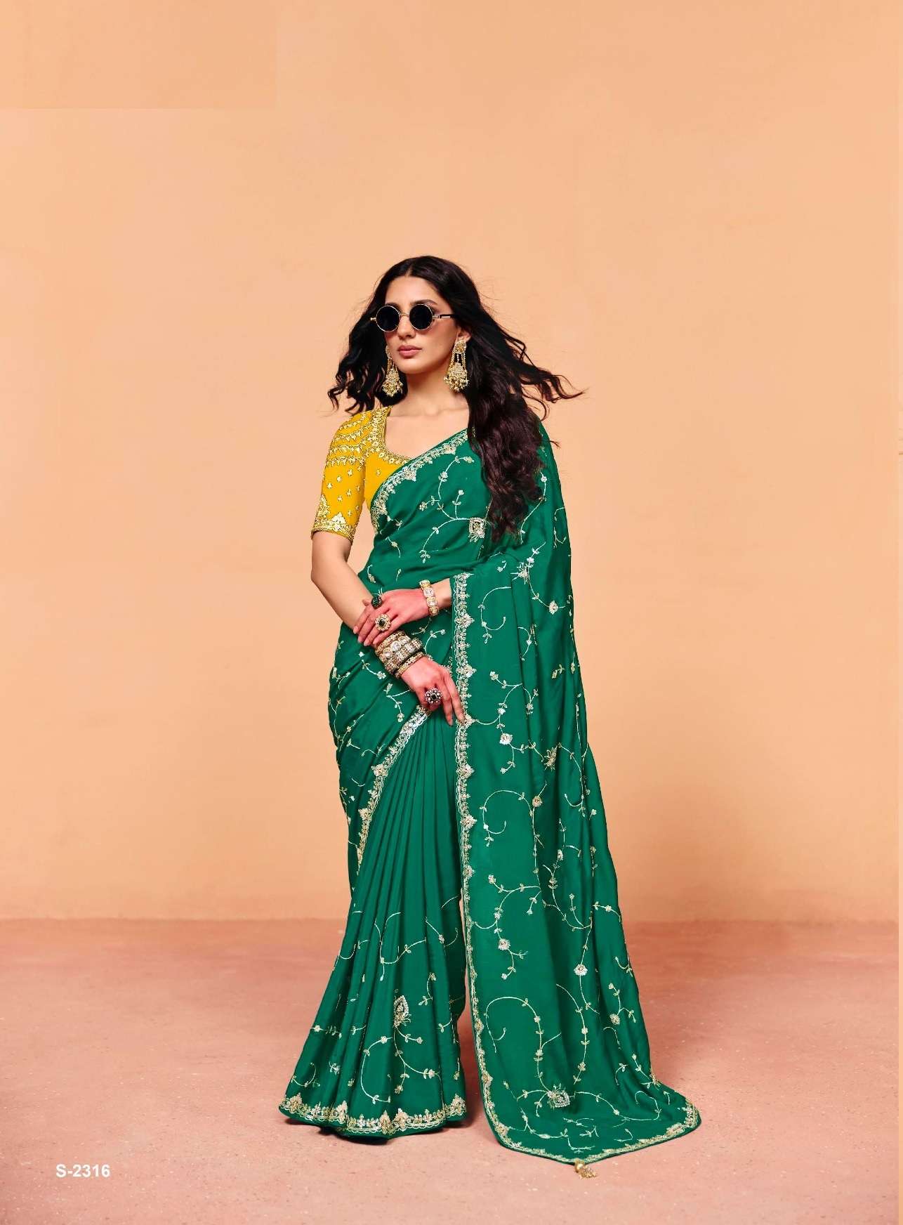 DESIGNER FANCY WEDDING PARTY WEAR INDIAN ORGANZA SATIN SILK GREEN SAREE COLLECTION SM KM 2316
