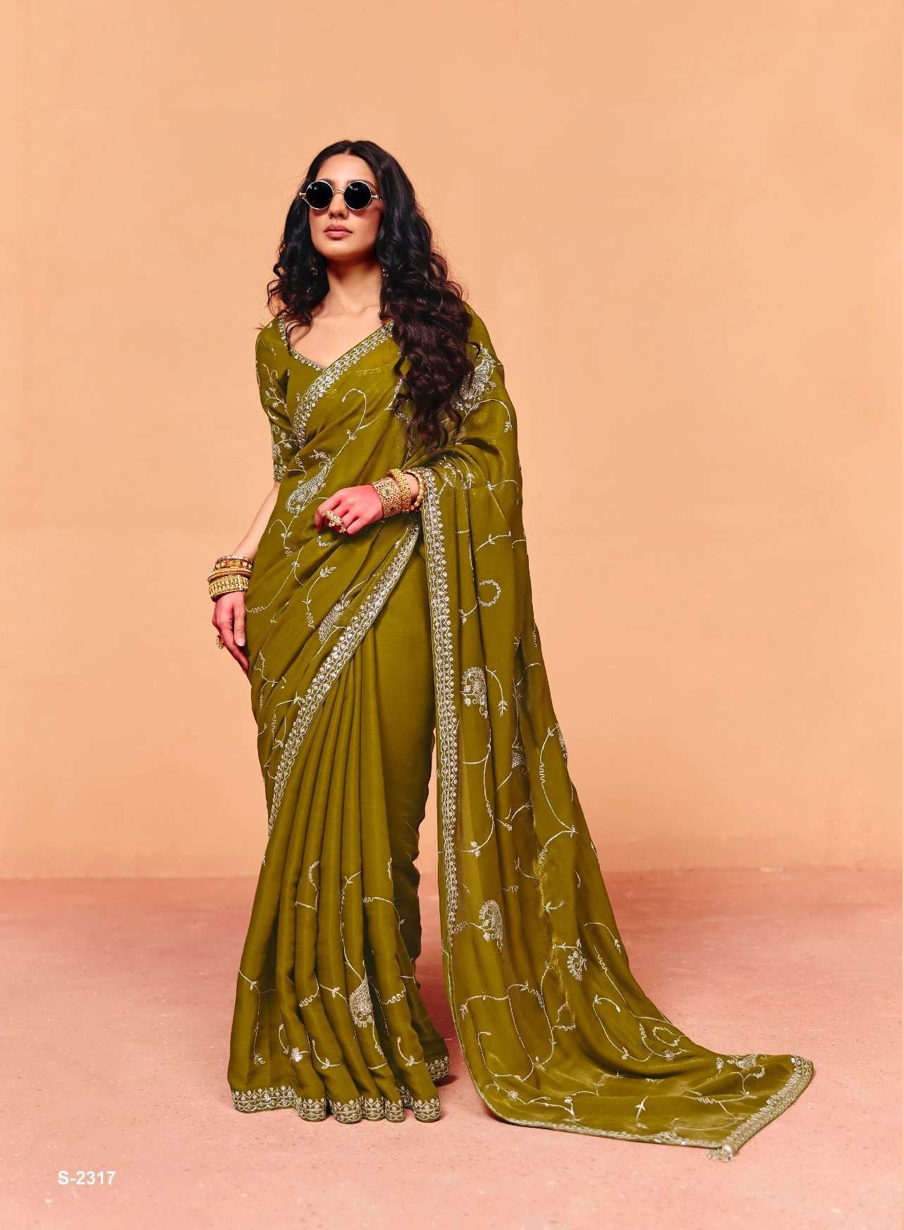 DESIGNER FANCY WEDDING PARTY WEAR INDIAN ORGANZA SATIN SILK GREEN SAREE COLLECTION SM KM 2317