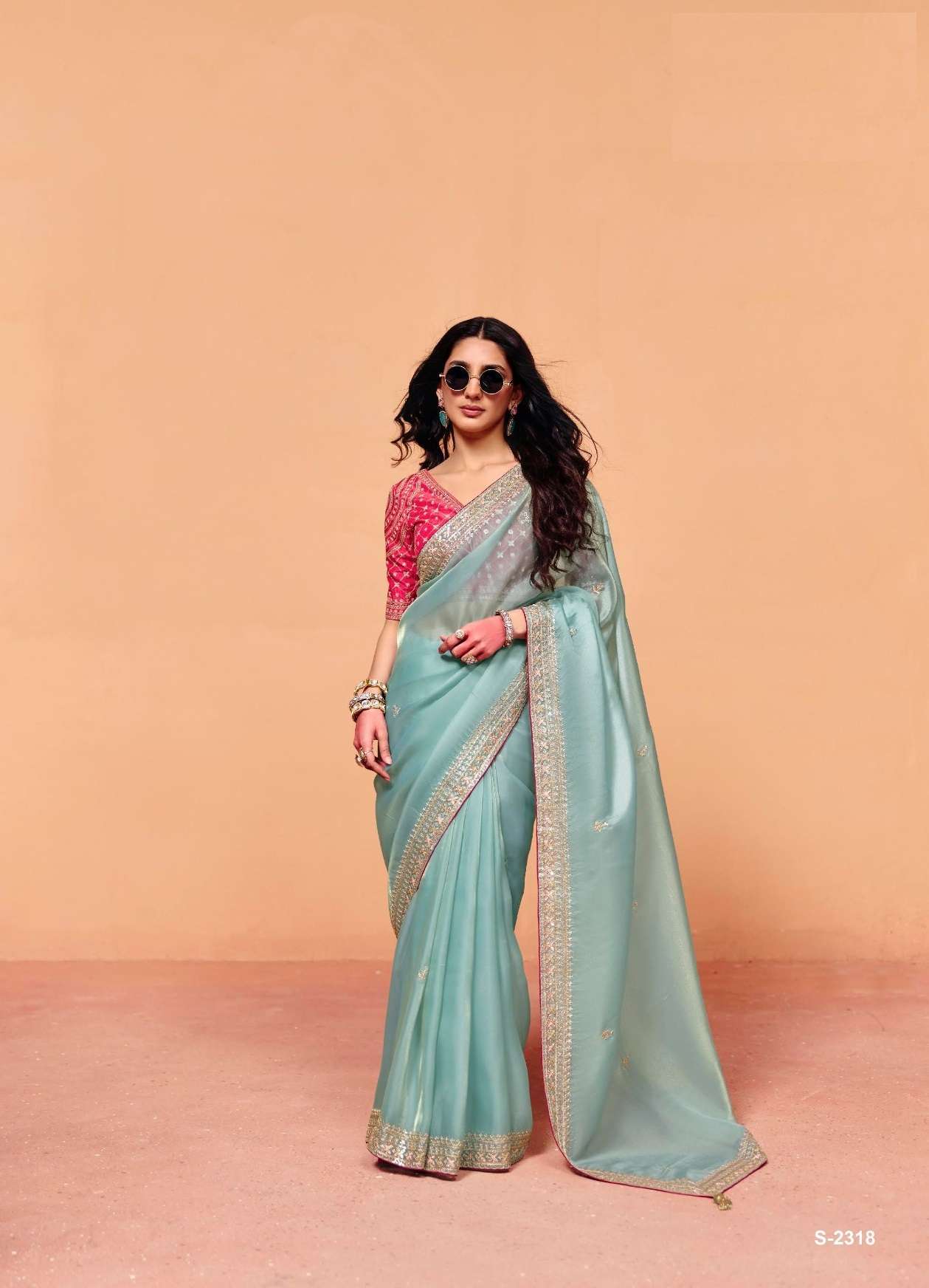 DESIGNER FANCY WEDDING PARTY WEAR INDIAN ORGANZA SATIN SILK SKY BLUE SAREE COLLECTION SM KM 2318