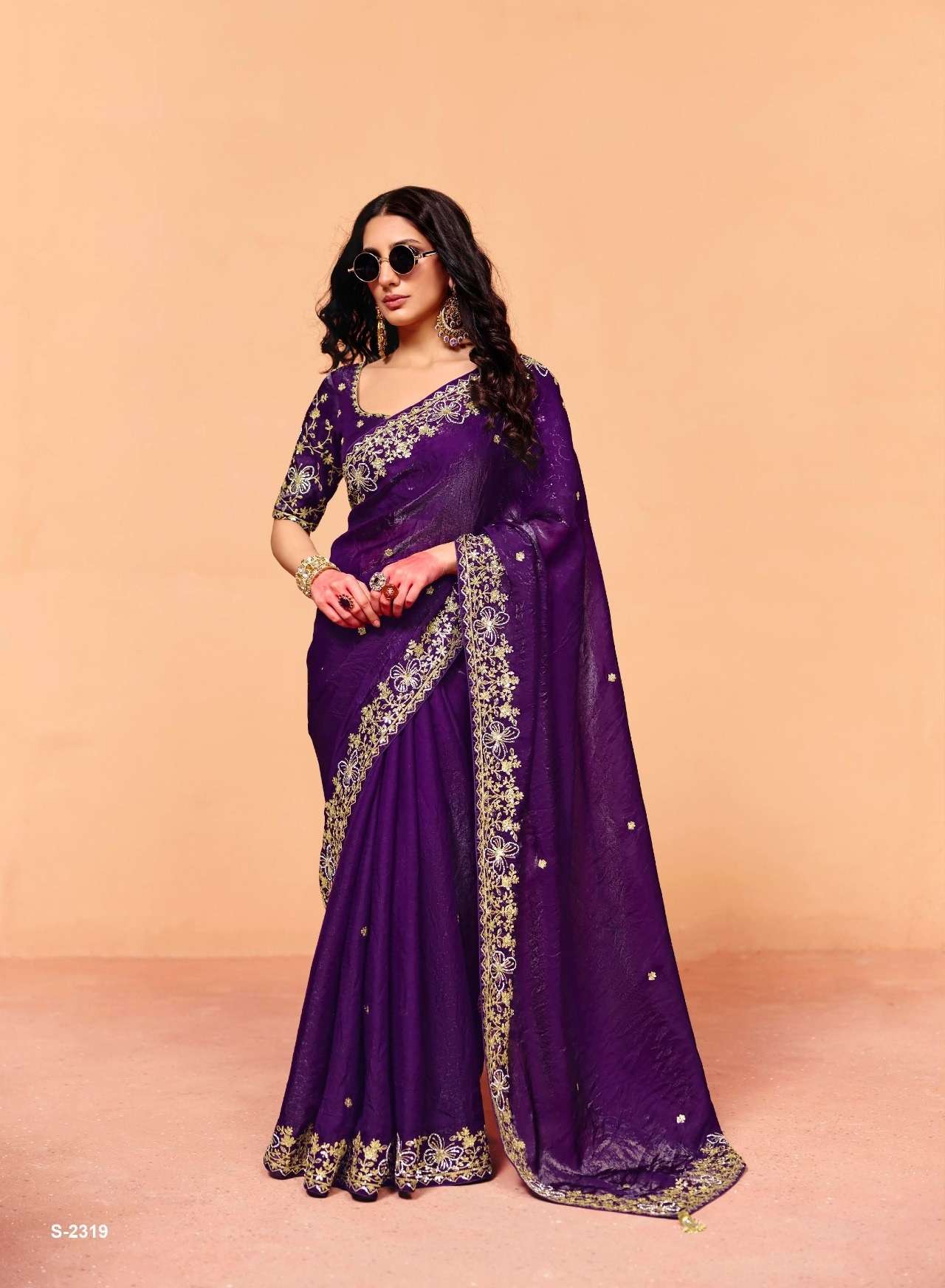 DESIGNER FANCY WEDDING PARTY WEAR INDIAN ORGANZA SATIN SILK PURPLE SAREE COLLECTION SM KM 2319
