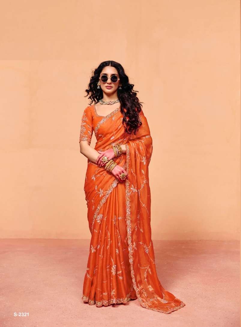 DESIGNER FANCY WEDDING PARTY WEAR INDIAN ORGANZA SATIN SILK ORANGE SAREE COLLECTION SM KM 2321