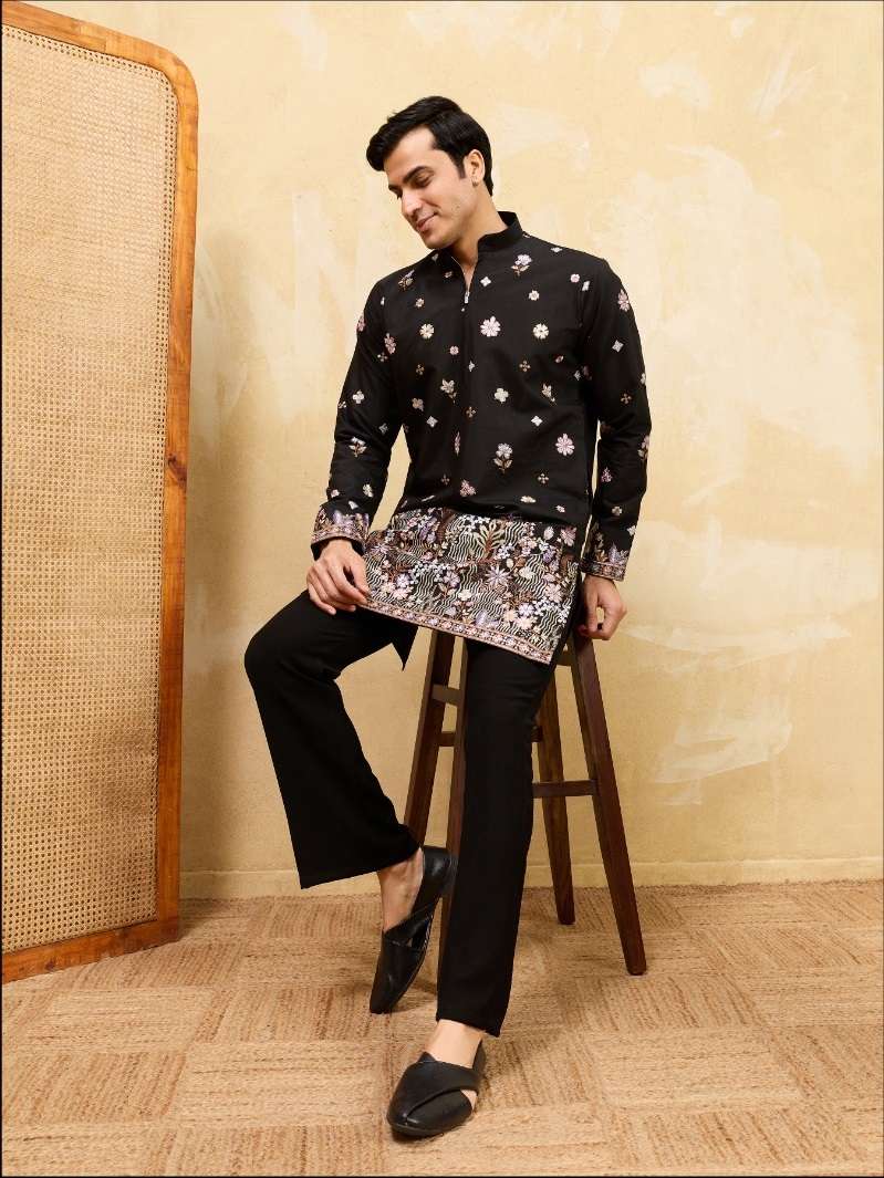 DESIGNER PARTY WEAR READYMADE MENS VISCOSE SILK BLACK KURTA WITH THREAD SEQUENCE WORK KF 21081