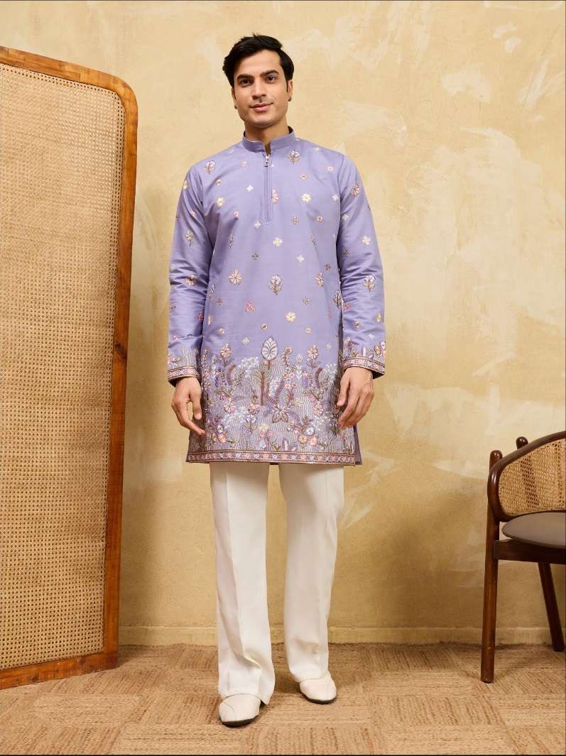 DESIGNER PARTY WEAR READYMADE MENS VISCOSE SILK LAVENDER KURTA WITH THREAD SEQUENCE WORK KF 21083
