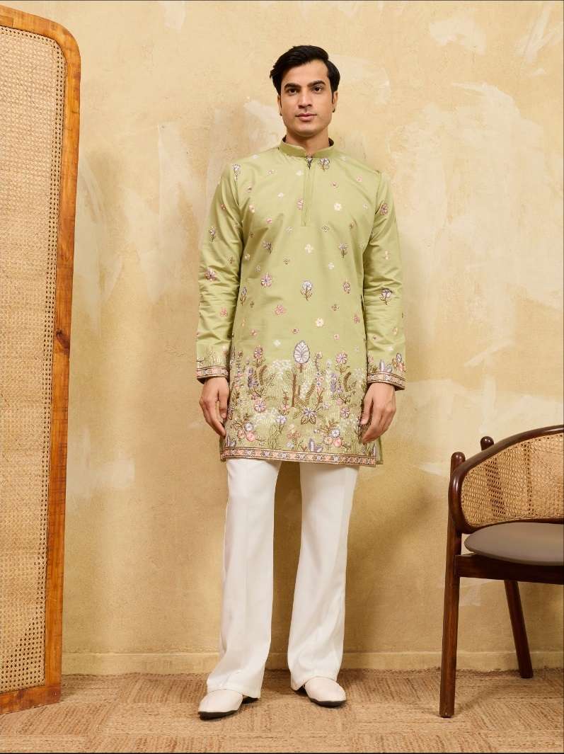 DESIGNER PARTY WEAR READYMADE MENS VISCOSE SILK PISTA GREEN KURTA WITH THREAD SEQUENCE WORK KF 21084