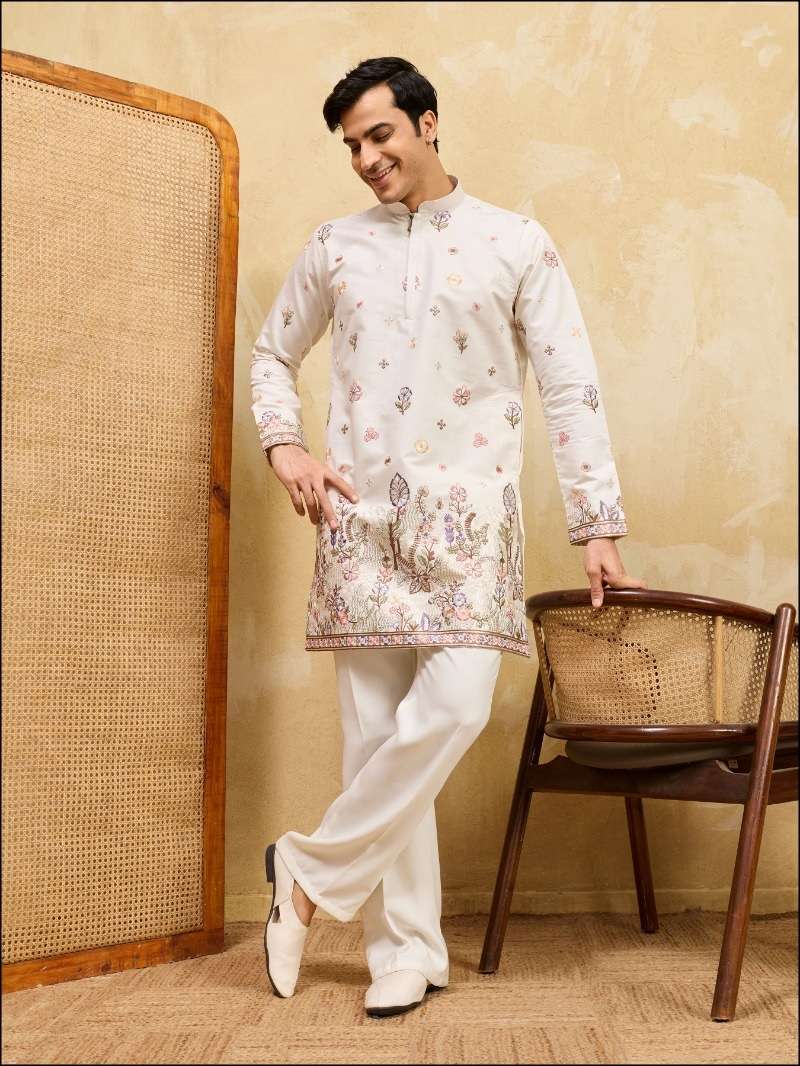 DESIGNER PARTY WEAR READYMADE MENS VISCOSE SILK WHITE KURTA WITH THREAD SEQUENCE WORK KF 21082