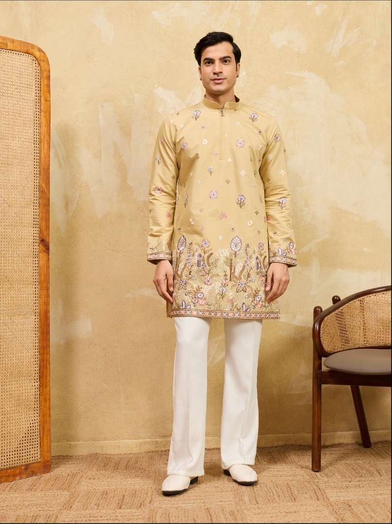 DESIGNER PARTY WEAR READYMADE MENS VISCOSE SILK YELLOW KURTA WITH THREAD SEQUENCE WORK KF 21086