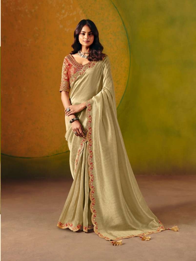 DESIGNER WEDDING PARTY WEAR BEIGE SILK SAREE WITH THREAD SEQUENCE WORK COLLECTION SM TATHASTU 8401