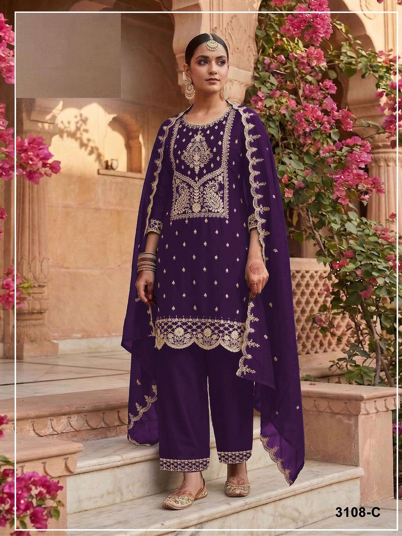 DESIGNER WEDDING PARTY WEAR BLOOMING VICHITRA PURPLE STRAIGHT PAKISTANI SALWAR SUIT JG 3108 C
