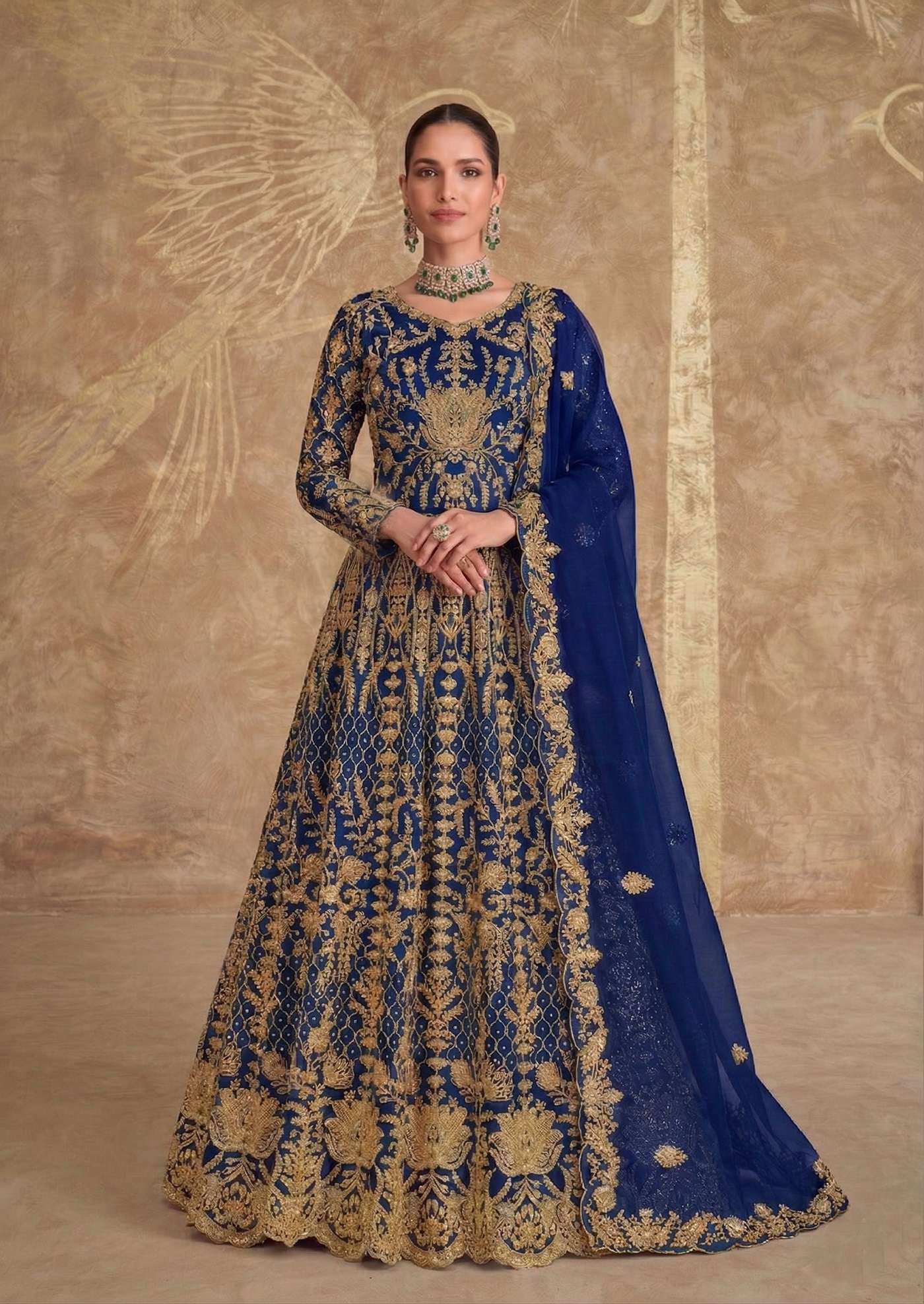 DESIGNER WEDDING PARTY WEAR BLUE ANARKALI SALWAR SUIT LONG GOWN IN BUTTERFLY NET SN 1094 D