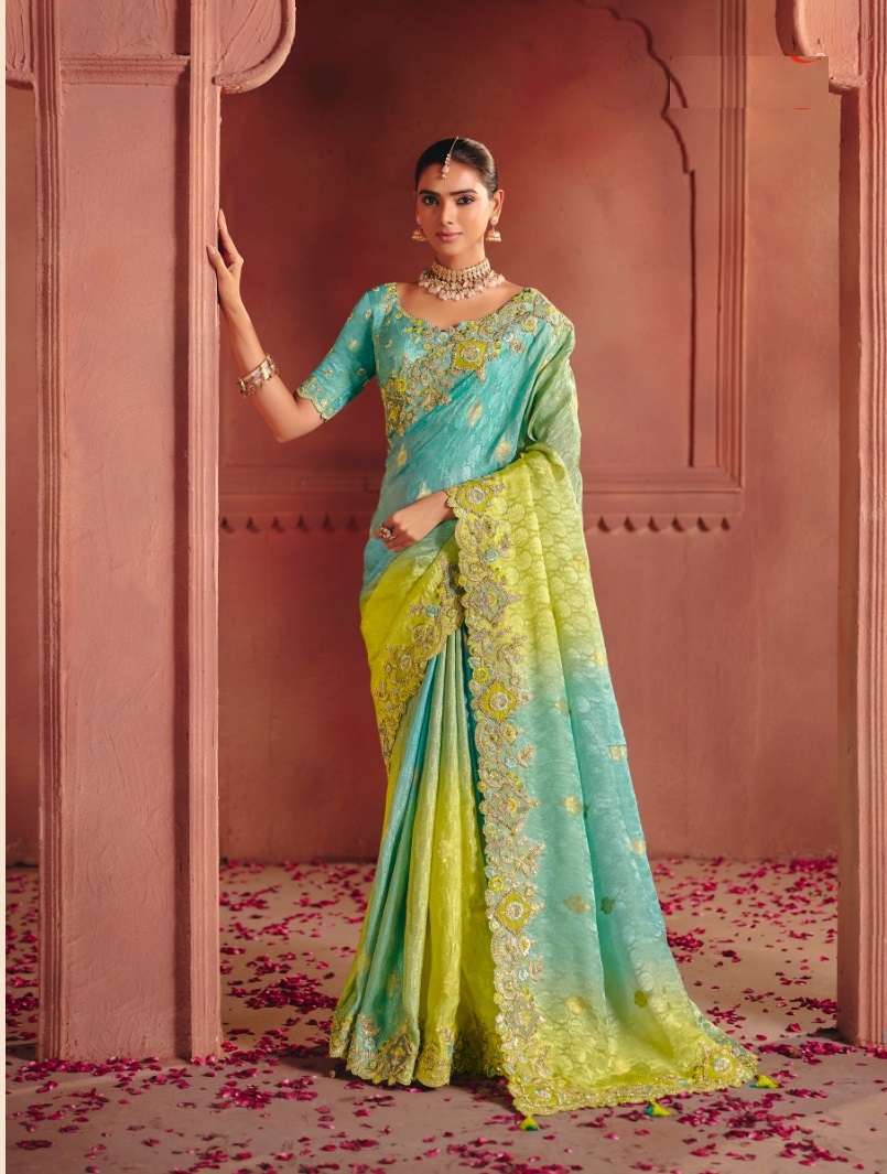 DESIGNER WEDDING PARTY WEAR BLUE YELLOW SILK SAREE WITH THREAD SEQUENCE WORK COLLECTION SM TATHASTU 8311