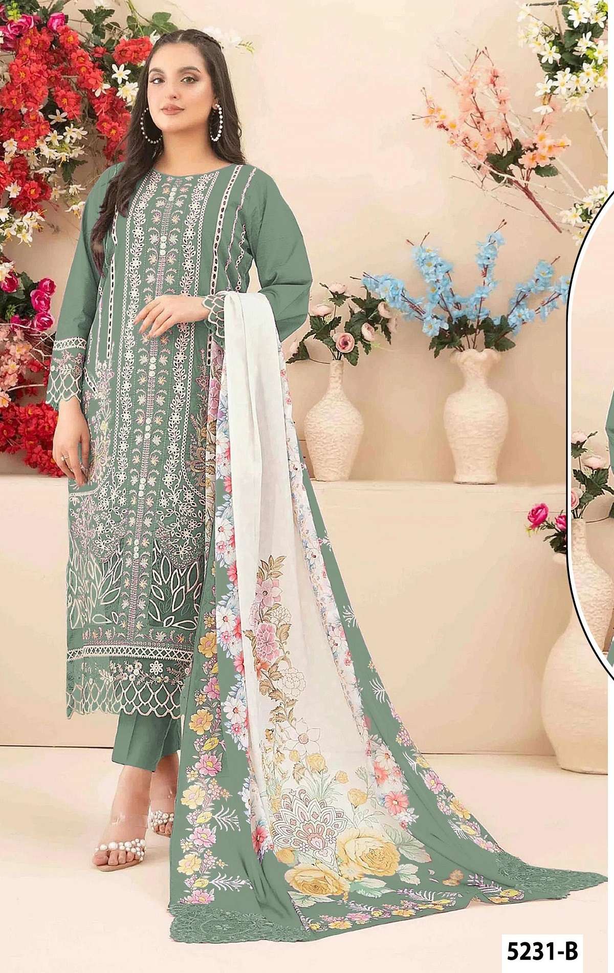DESIGNER WEDDING PARTY WEAR CAMBRIC COTTON GREEN PAKISTANI SALWAR SUIT JG 5231 B