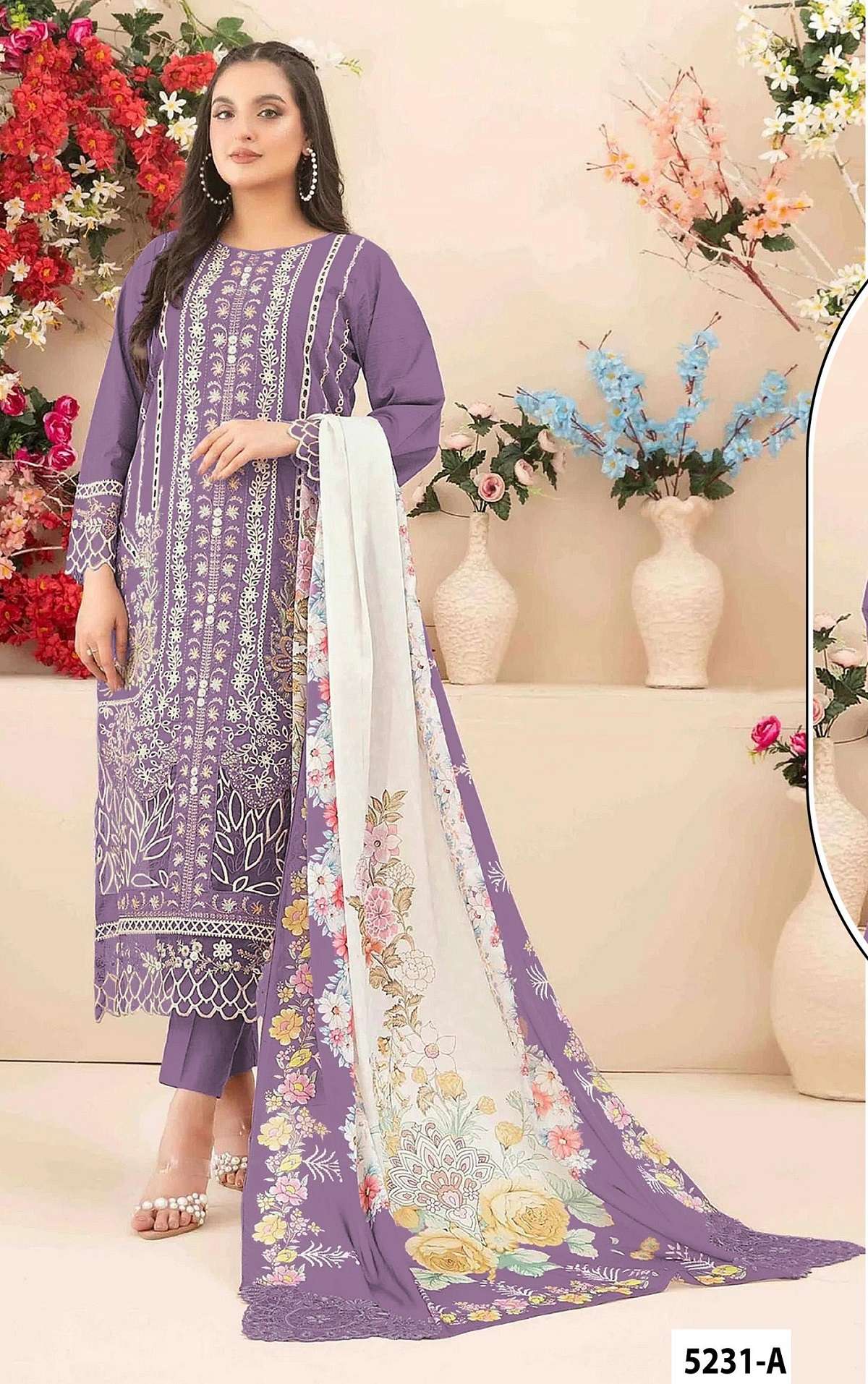 DESIGNER WEDDING PARTY WEAR CAMBRIC COTTON LAVENDER PAKISTANI SALWAR SUIT JG 5231 A