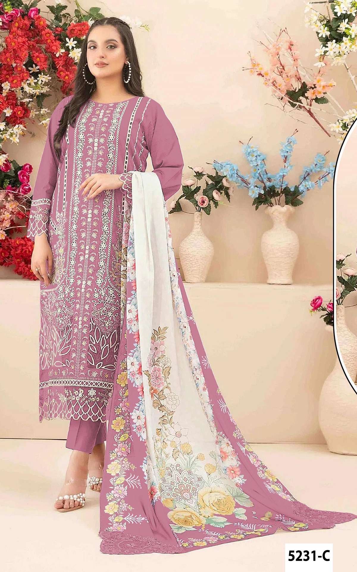 DESIGNER WEDDING PARTY WEAR CAMBRIC COTTON PINK PAKISTANI SALWAR SUIT JG 5231 C